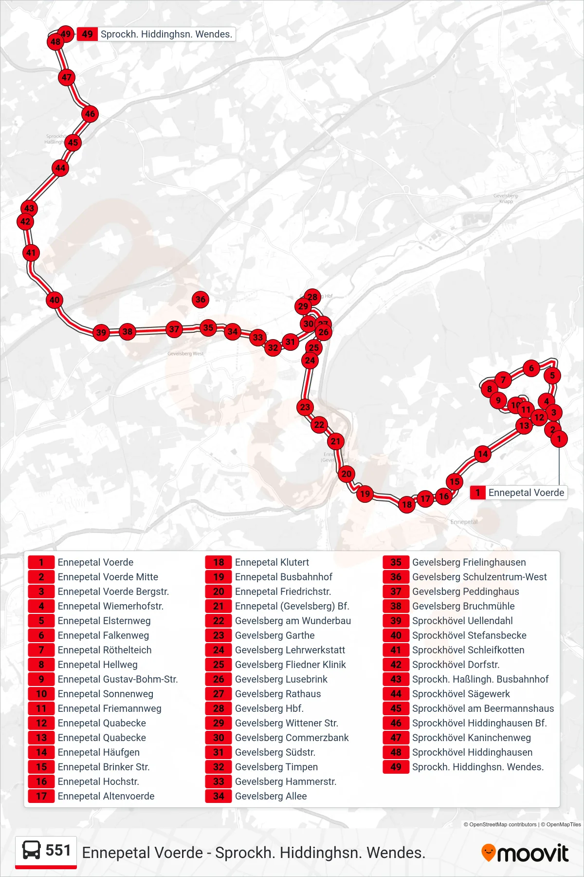 Linie 551 (Bus) Richtung Sprockh. Hiddinghsn. Wendes.: Route und Haltestellen auf der Karte