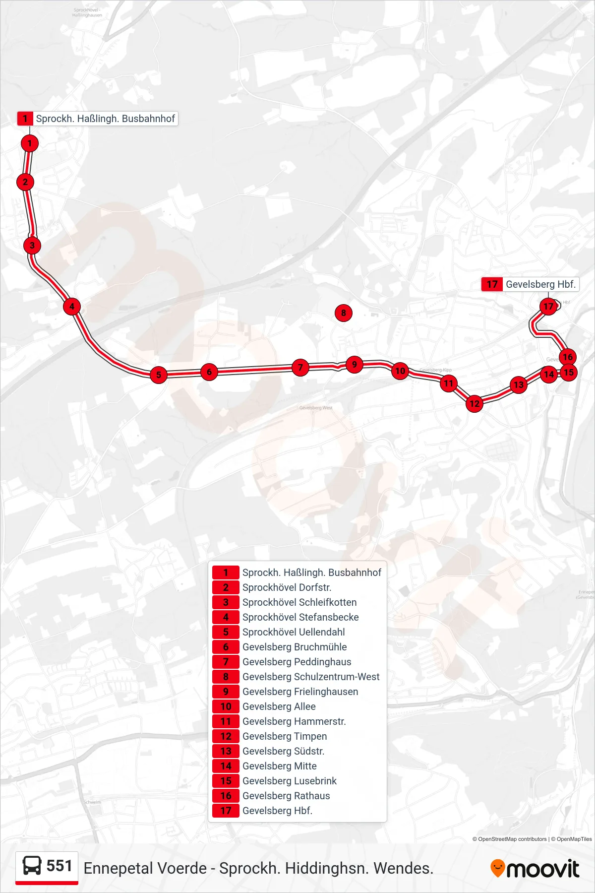 Linie 551 (Bus) Richtung Gevelsberg Hbf.: Route und Haltestellen auf der Karte