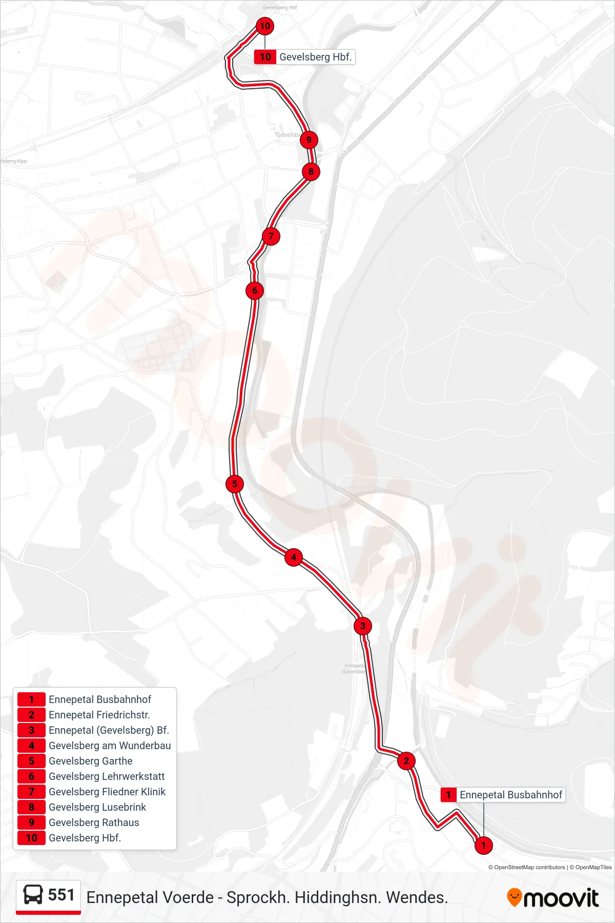 Linie 551 (Bus) Richtung Gevelsberg Hbf.: Route und Haltestellen auf der Karte