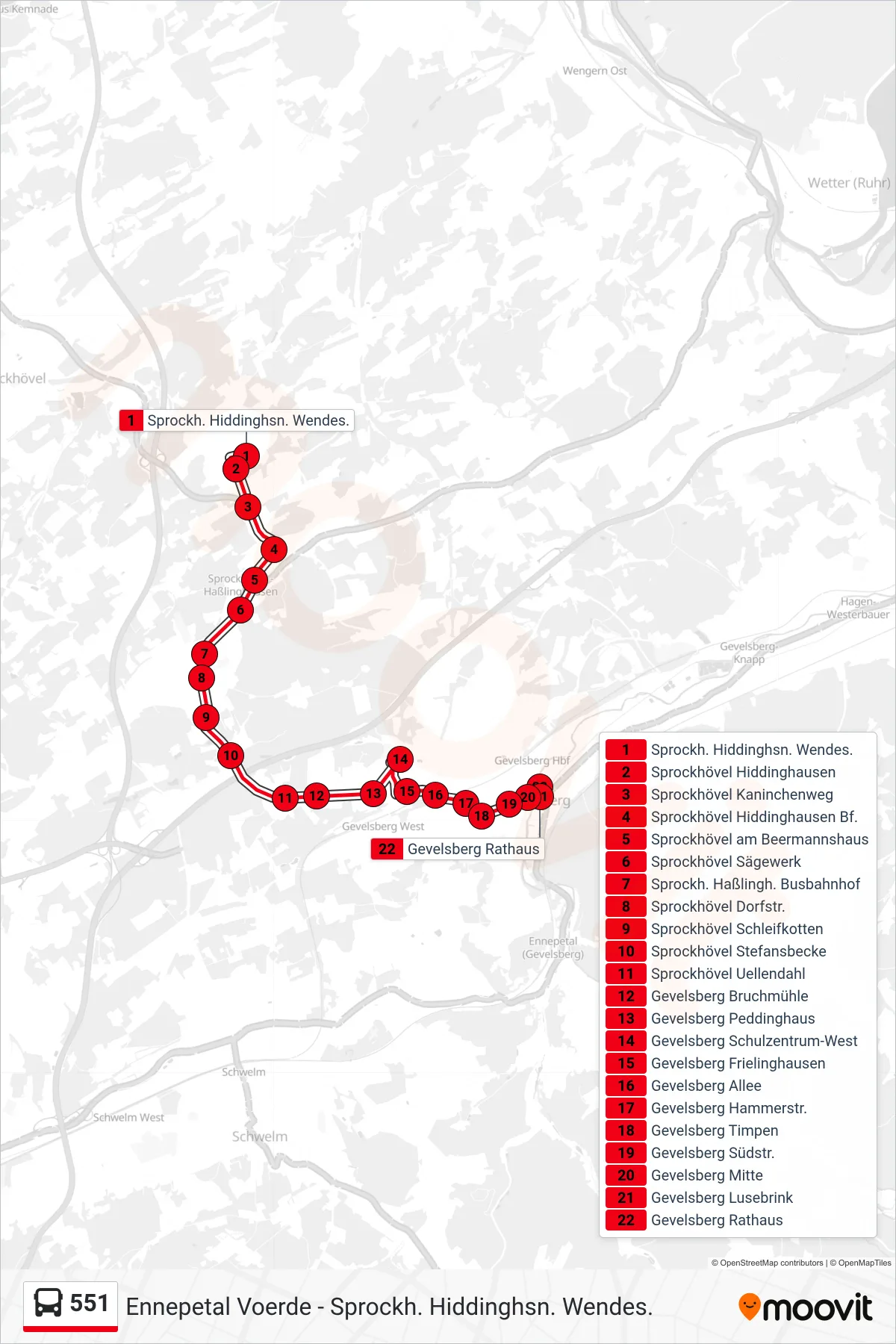 551 bus Line (Gevelsberg Rathaus) route and stops on a map