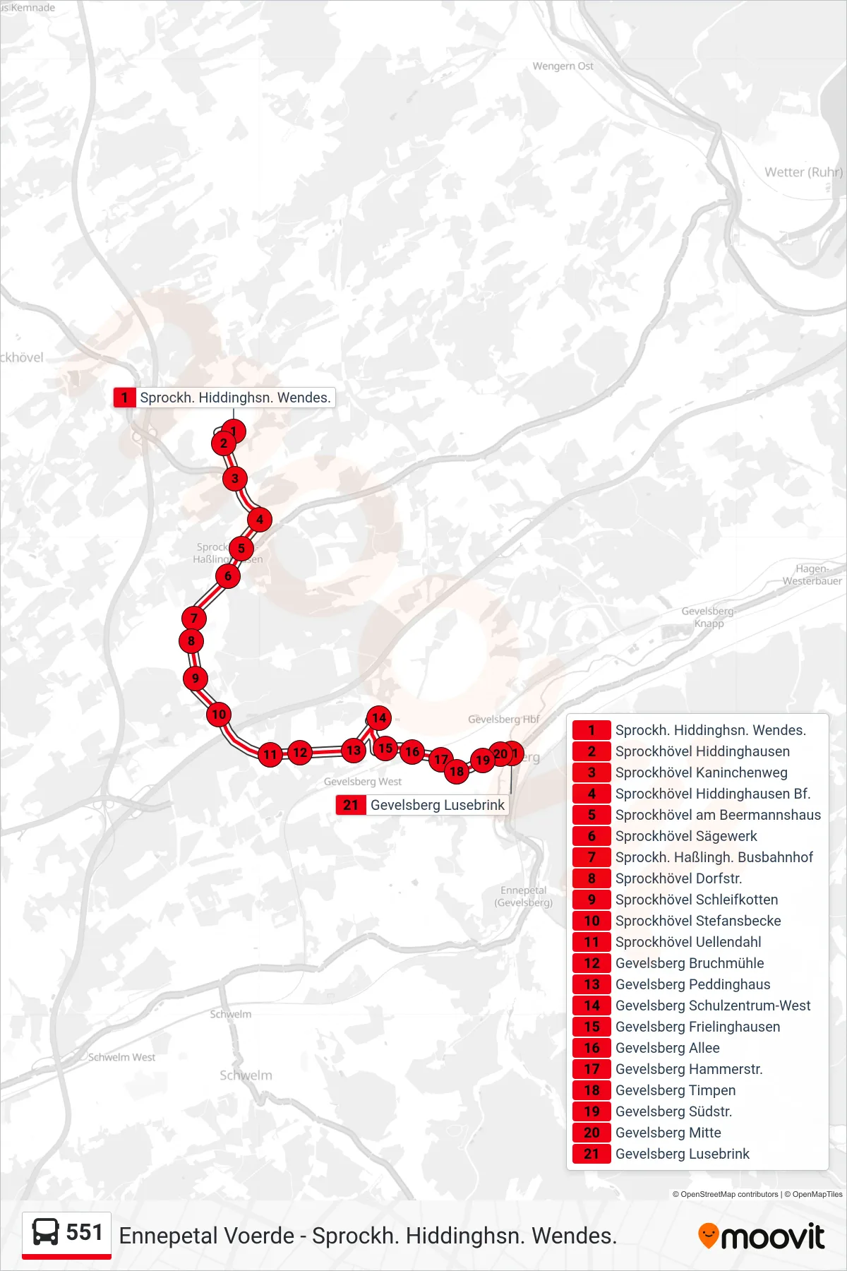 Linie 551 (Bus) Richtung Gevelsberg Lusebrink: Route und Haltestellen auf der Karte