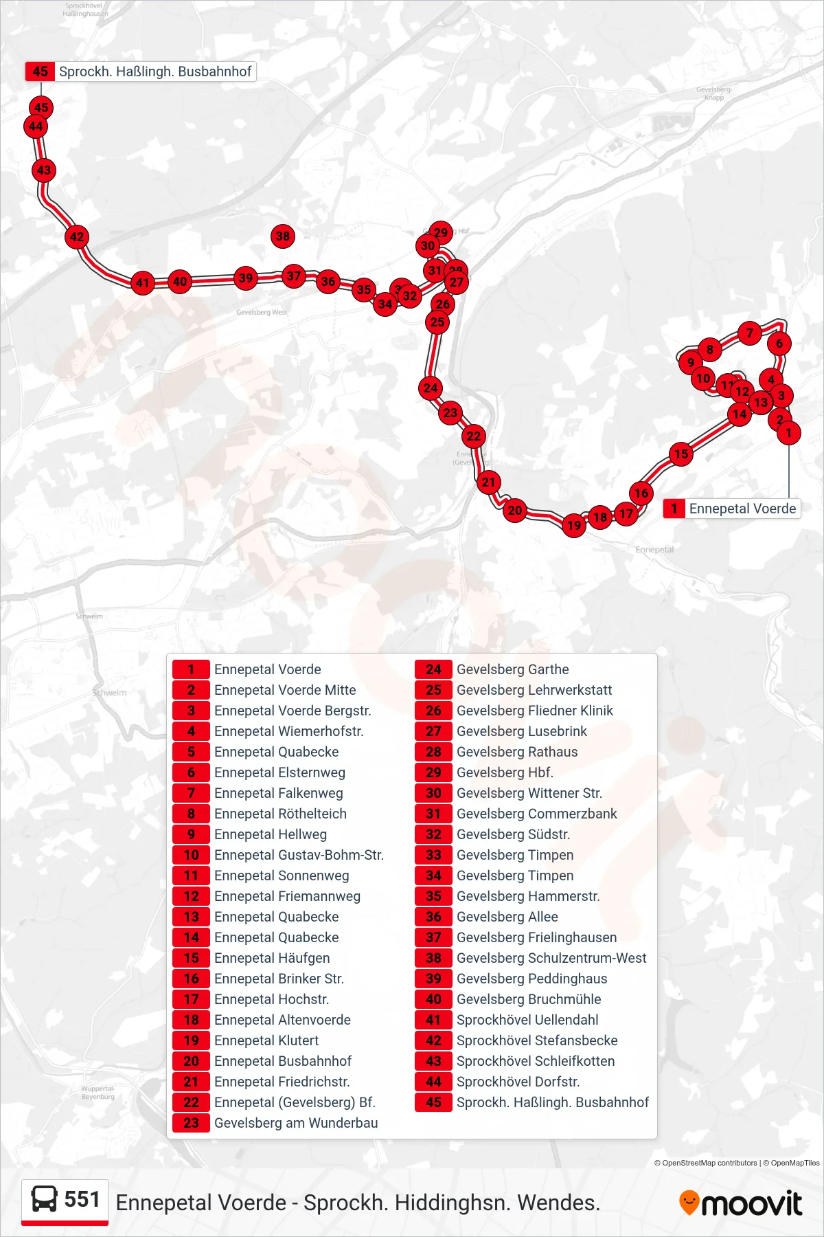 551 bus Line (Sprockh. Haßlingh. Busbahnhof) route and stops on a map