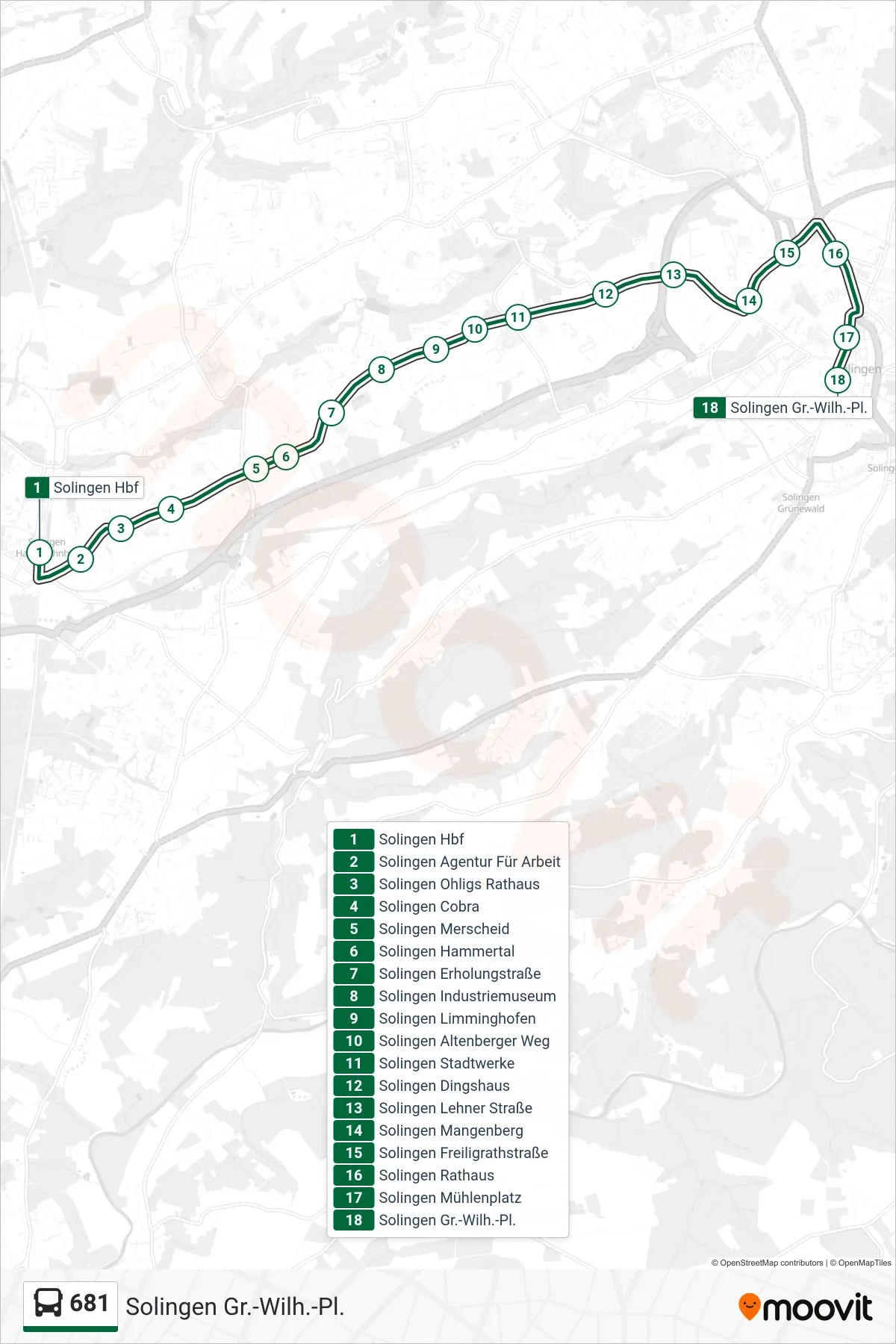 681 bus Line (Solingen Gr.-Wilh.-Pl.) route and stops on a map