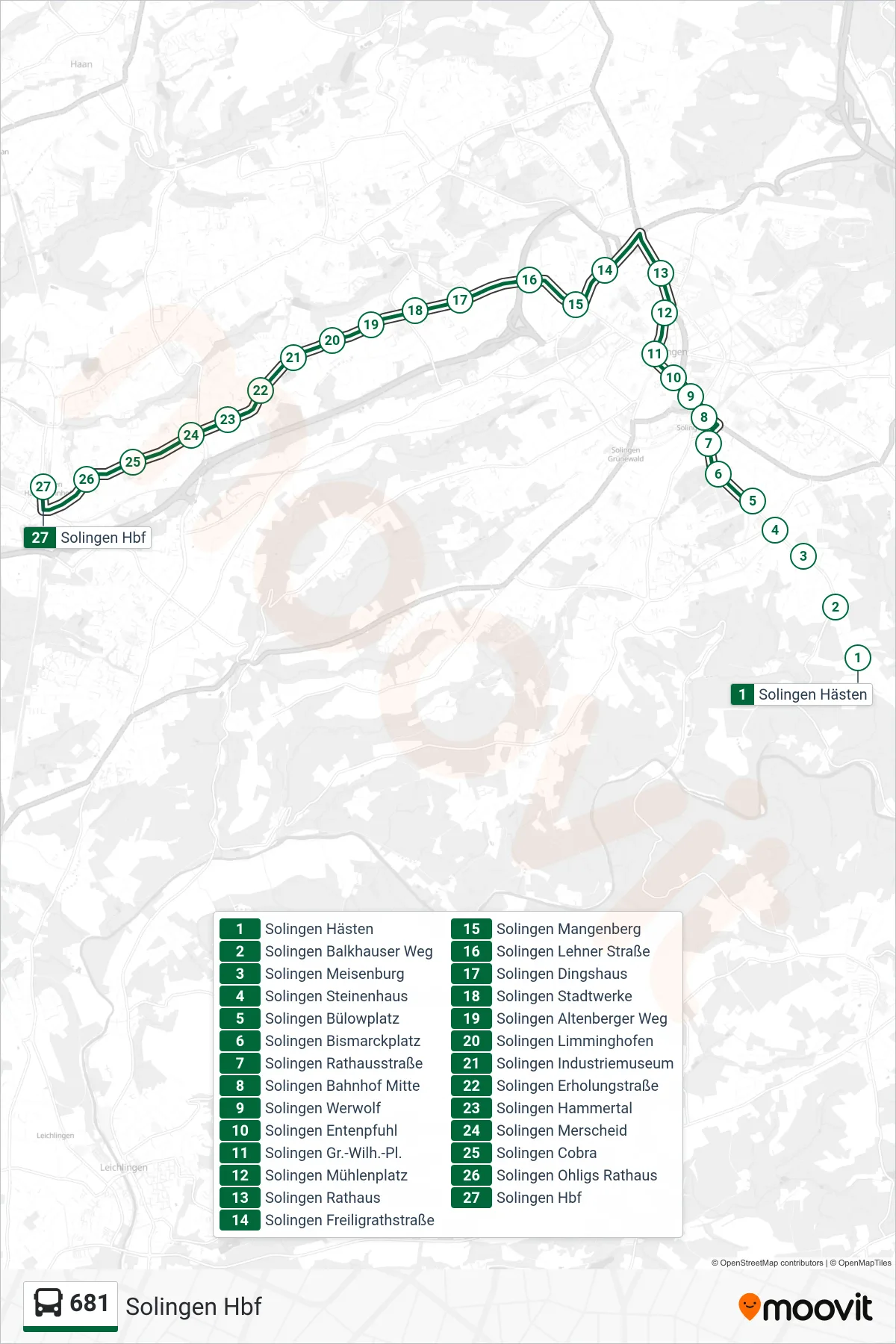 Linie 681 (Bus) Richtung Solingen Hbf: Route und Haltestellen auf der Karte
