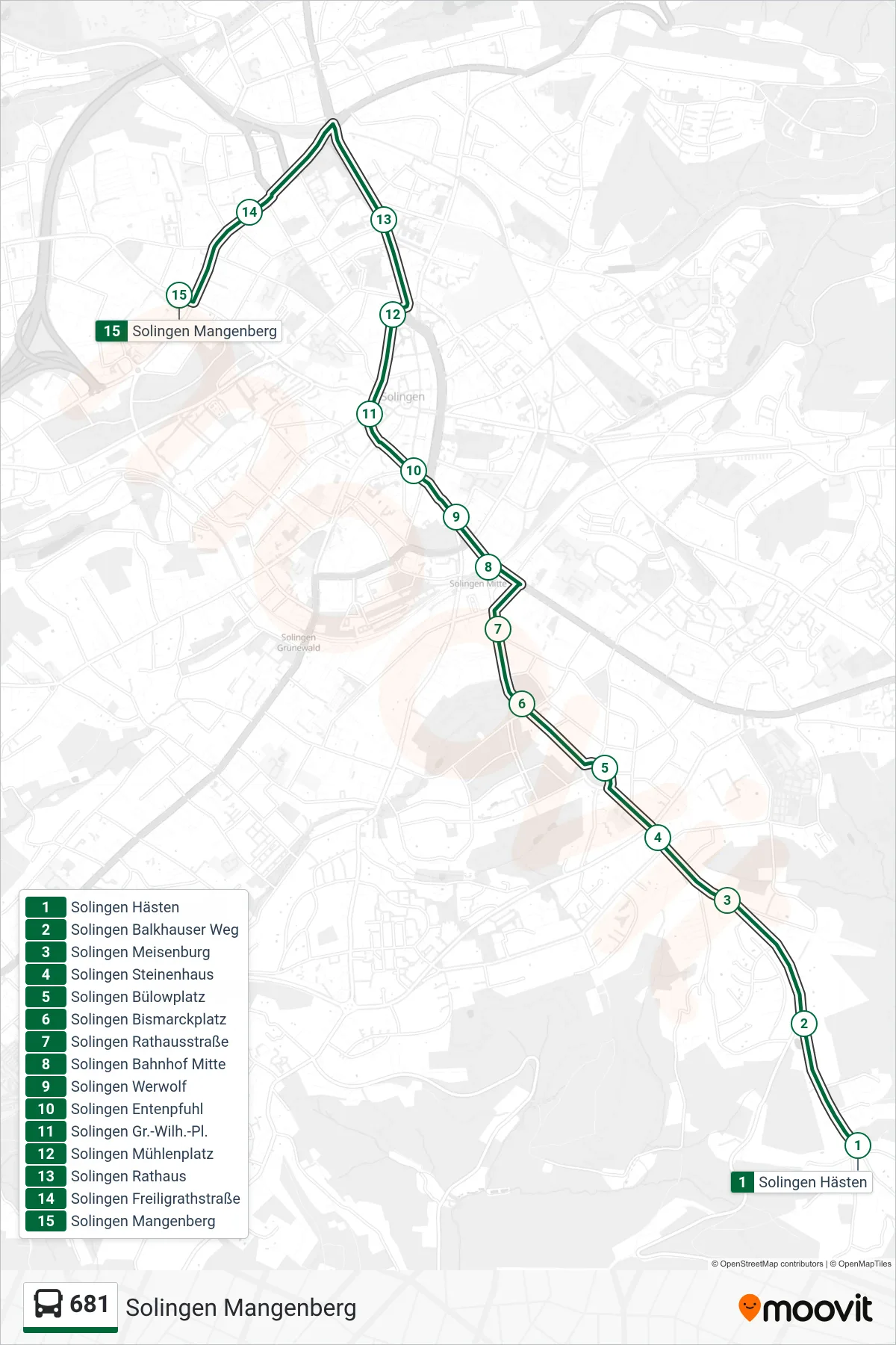 Linie 681 (Bus) Richtung Solingen Mangenberg: Route und Haltestellen auf der Karte