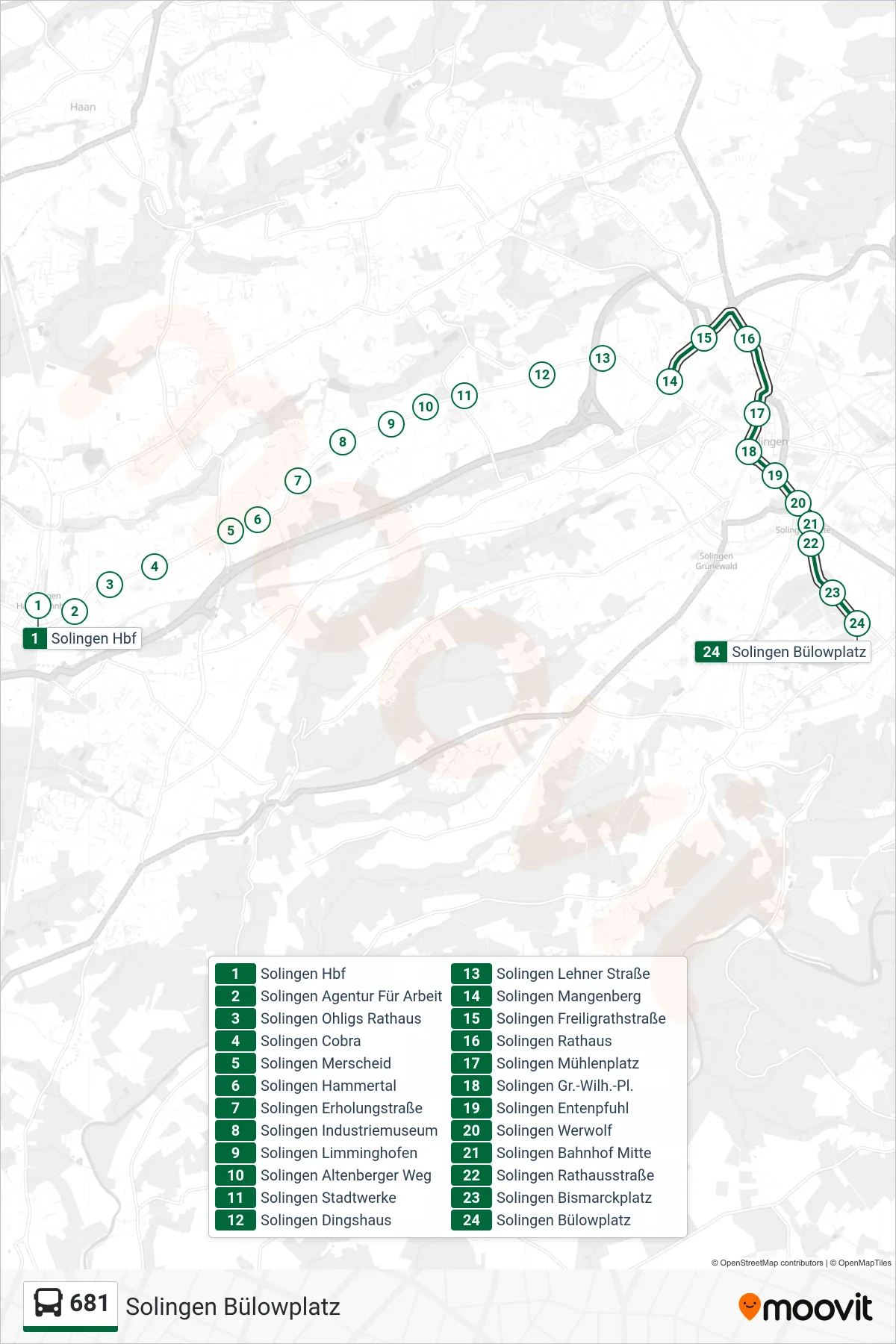 681 bus Line (Solingen Bülowplatz) route and stops on a map