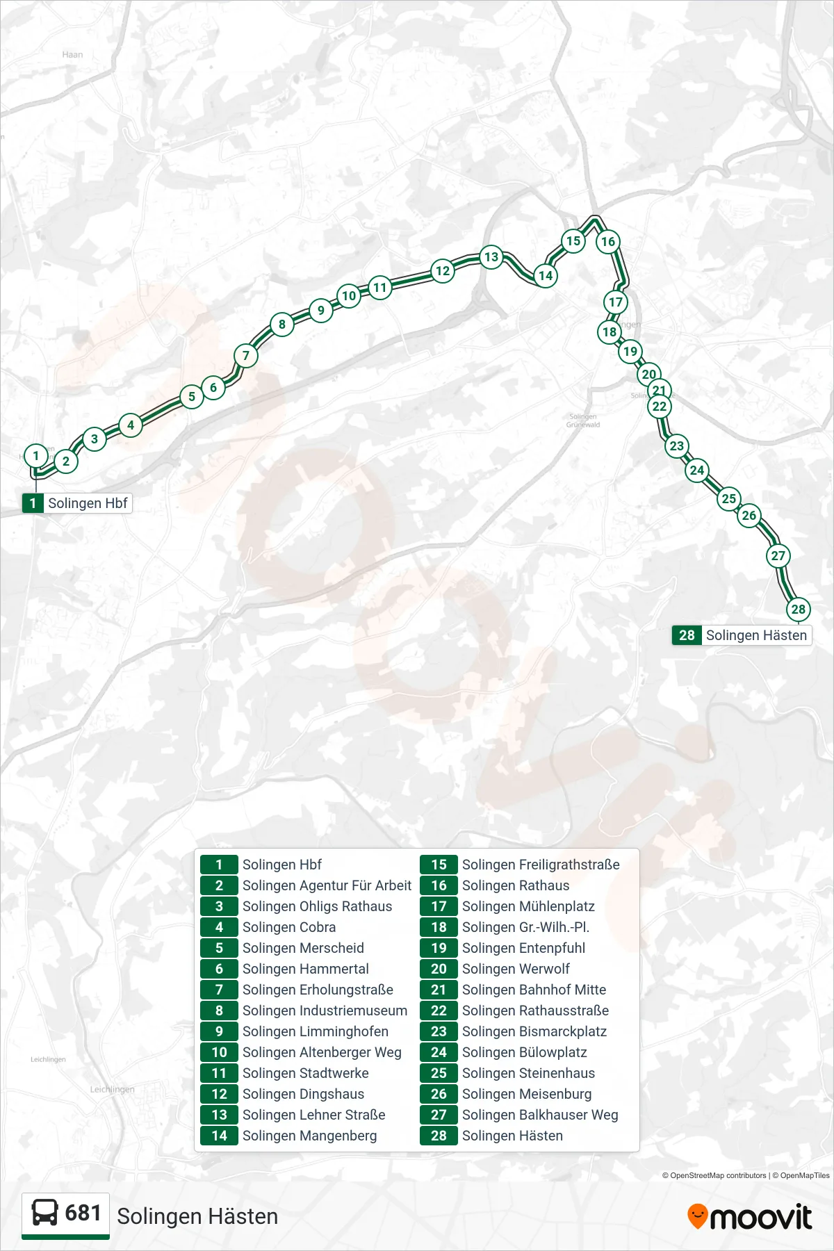 Linie 681 (Bus) Richtung Solingen Hästen: Route und Haltestellen auf der Karte