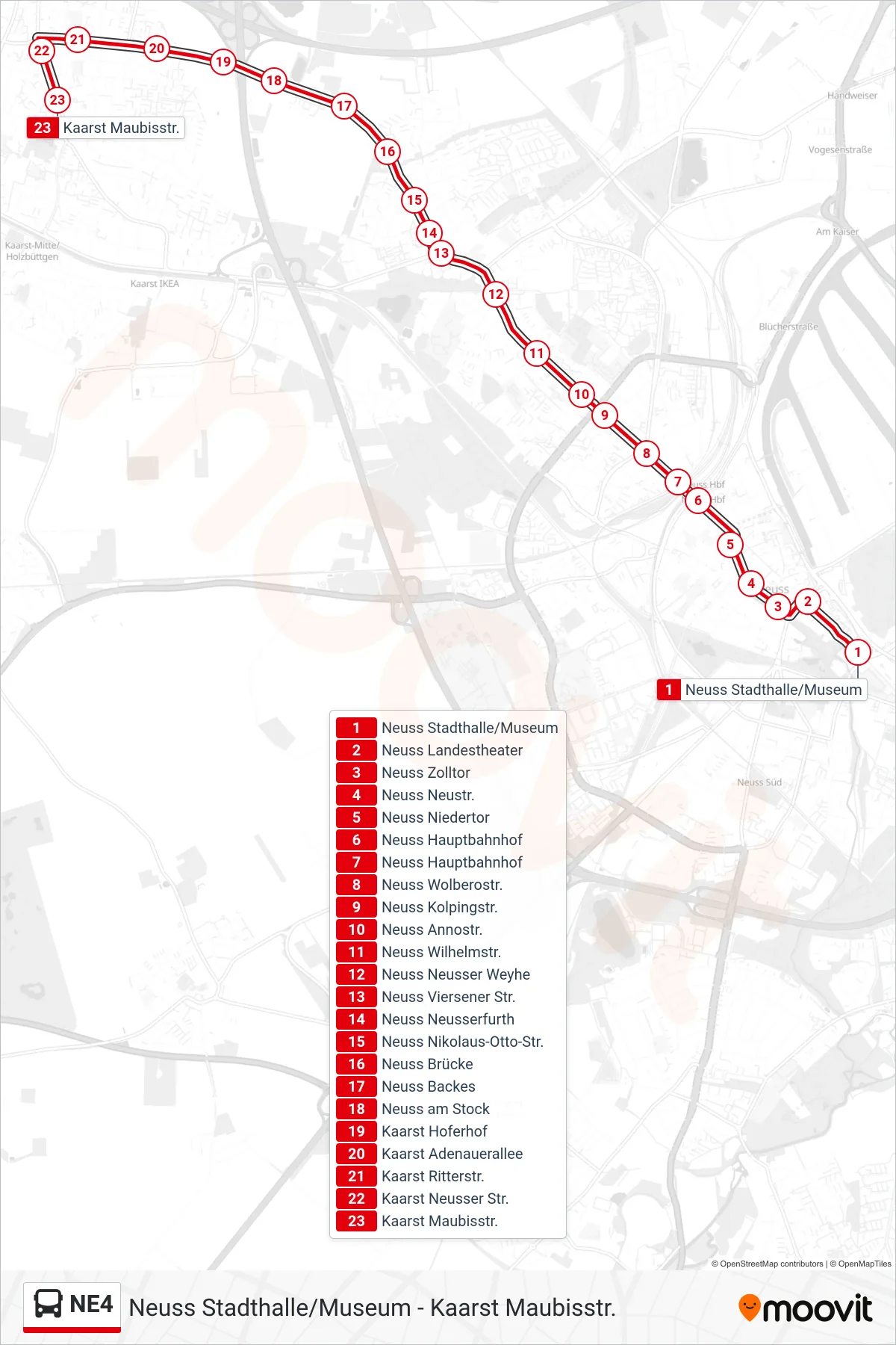 Linie NE4 (Bus) Richtung Kaarst Maubisstr.: Route und Haltestellen auf der Karte