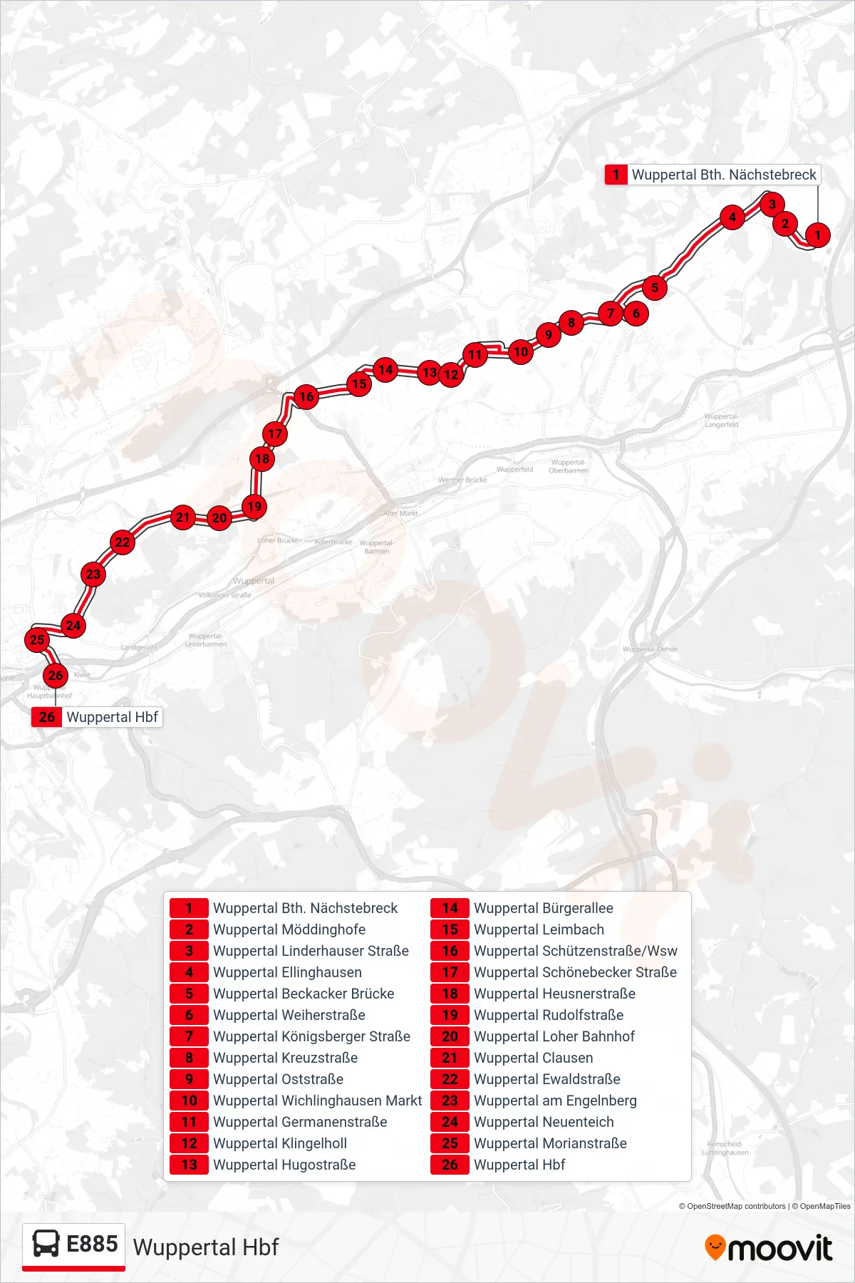 Linie E885 (Bus) Richtung Wuppertal Hbf: Route und Haltestellen auf der Karte