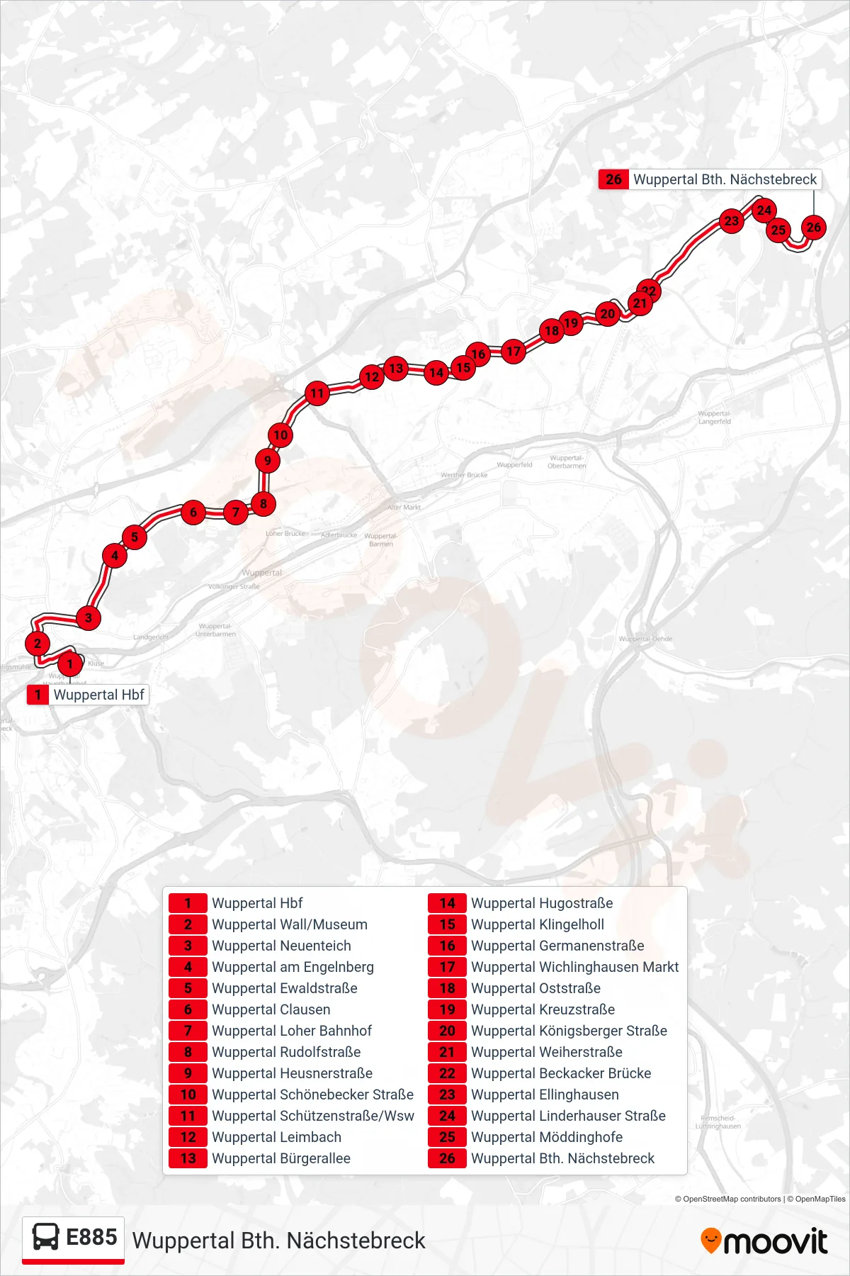 Linie E885 (Bus) Richtung Wuppertal Bth. Nächstebreck: Route und Haltestellen auf der Karte