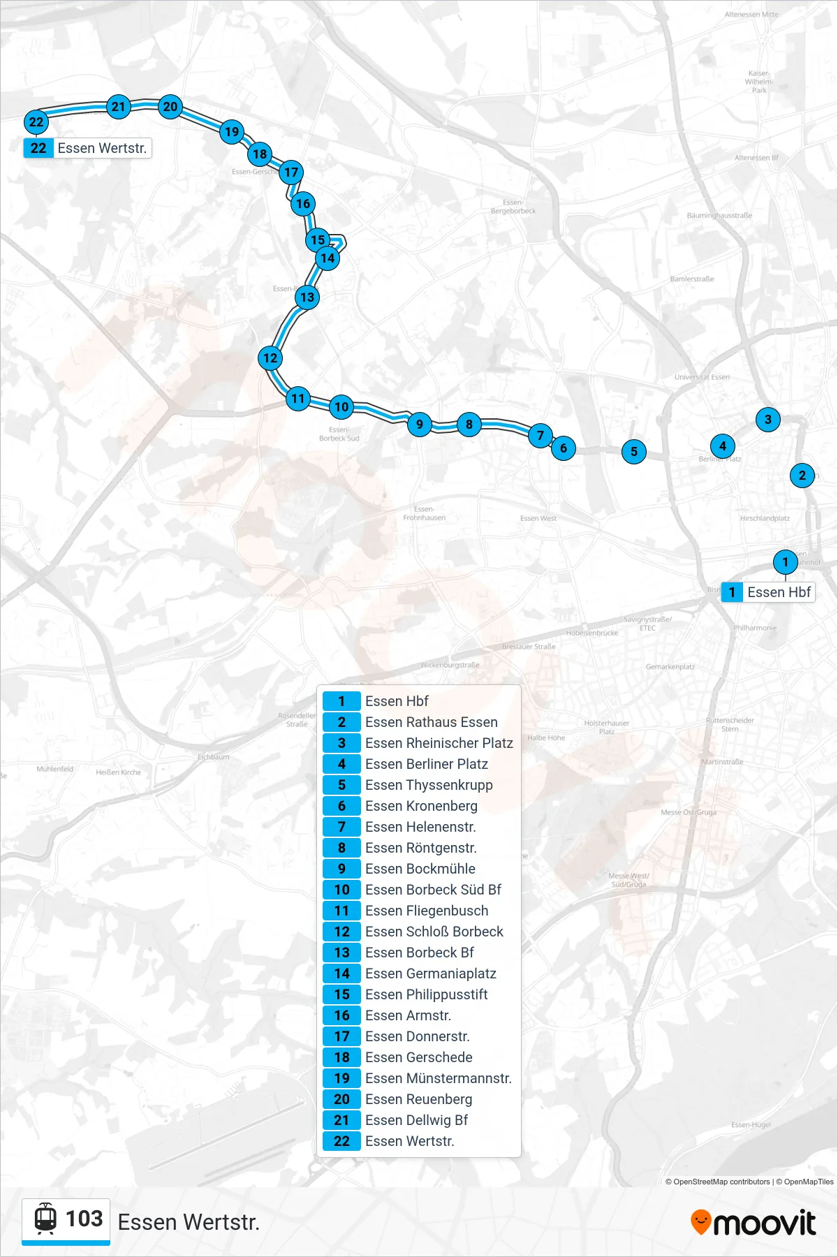Linie 103 (Tram) Richtung Essen Wertstr.: Route und Haltestellen auf der Karte
