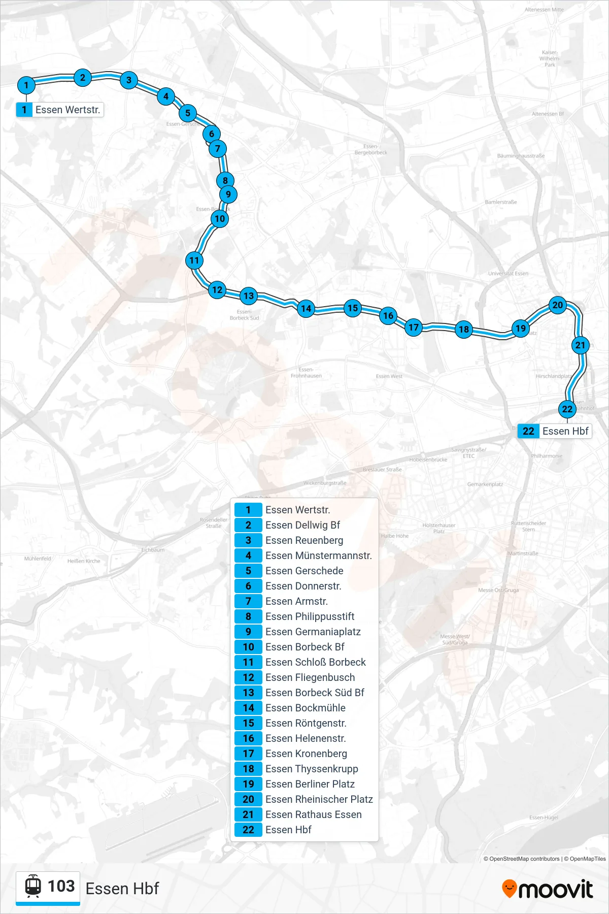 Linie 103 (Straßenbahn) Richtung Essen Hbf: Route und Haltestellen auf der Karte