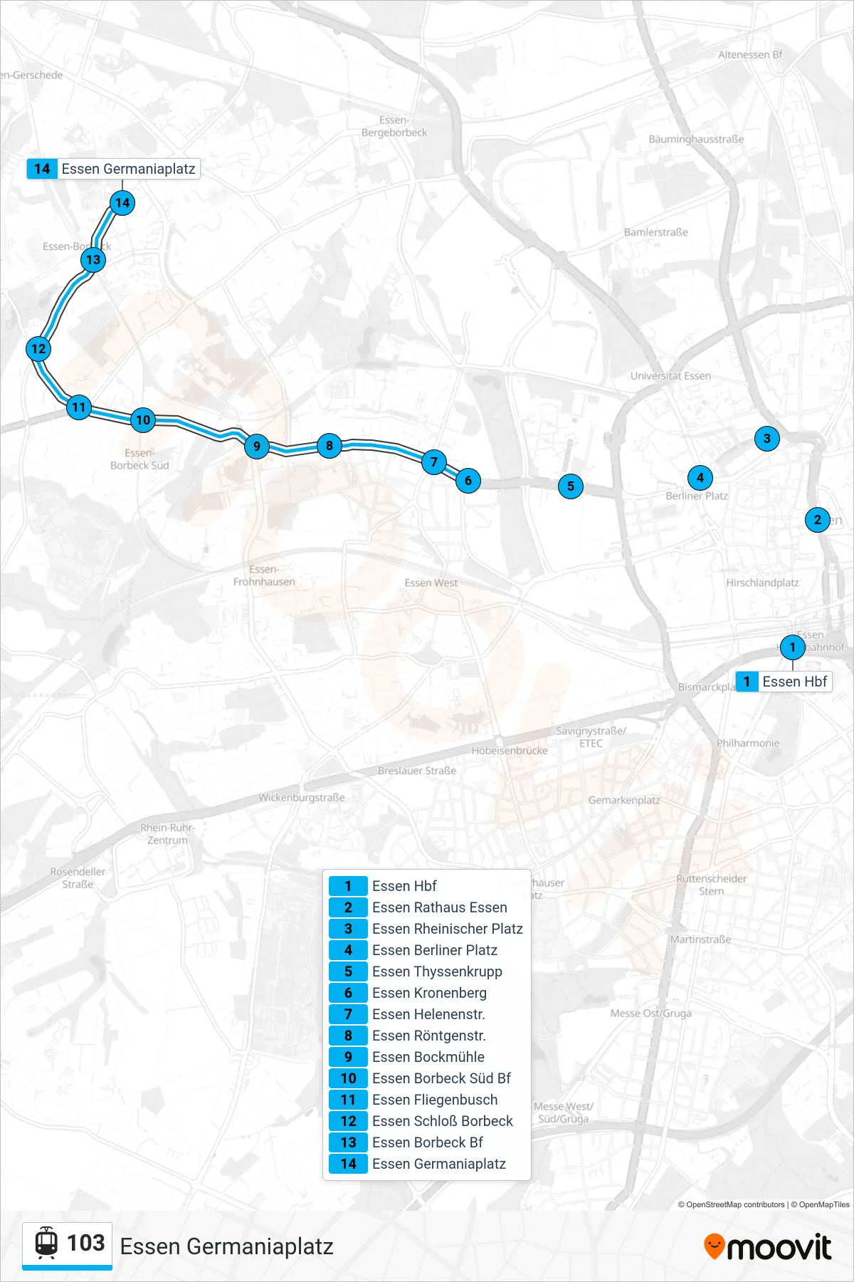 Linie 103 (Straßenbahn) Richtung Essen Germaniaplatz: Route und Haltestellen auf der Karte