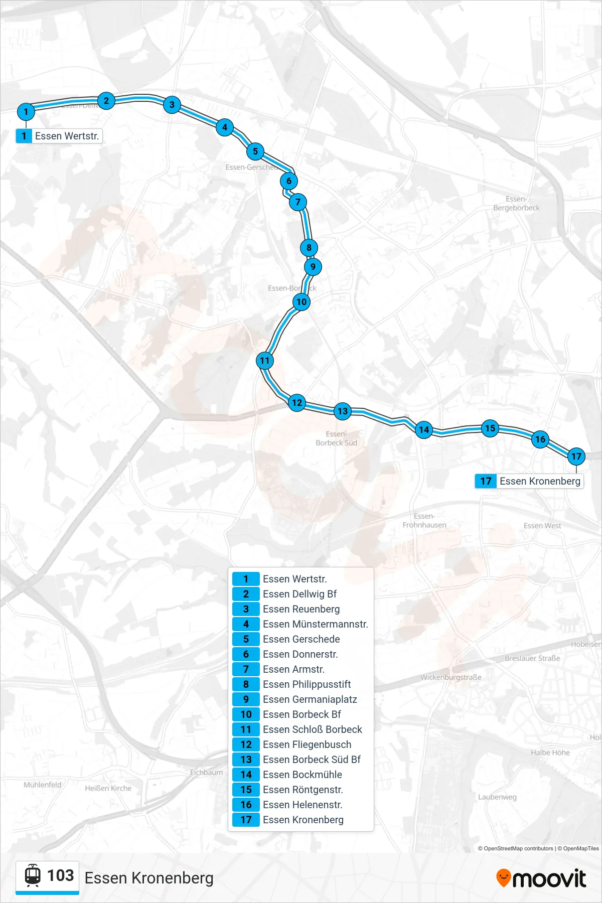 Linie 103 (Straßenbahn) Richtung Essen Kronenberg: Route und Haltestellen auf der Karte