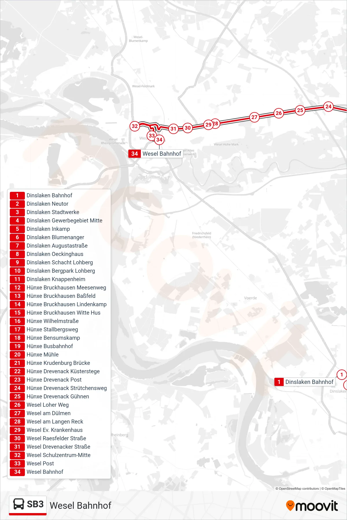 Linie SB3 (Bus) Richtung Wesel Bahnhof: Route und Haltestellen auf der Karte