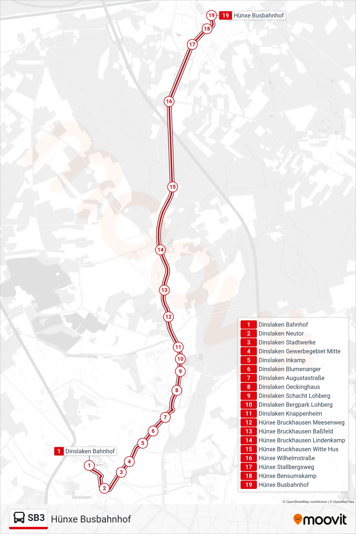 Linie SB3 (Bus) Richtung Hünxe Busbahnhof: Route und Haltestellen auf der Karte