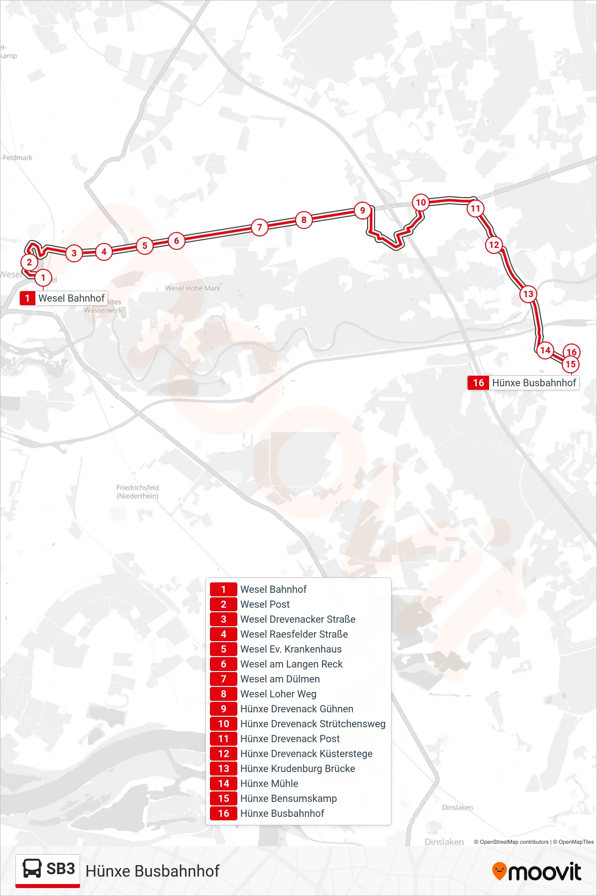 Linie SB3 (Bus) Richtung Hünxe Busbahnhof: Route und Haltestellen auf der Karte