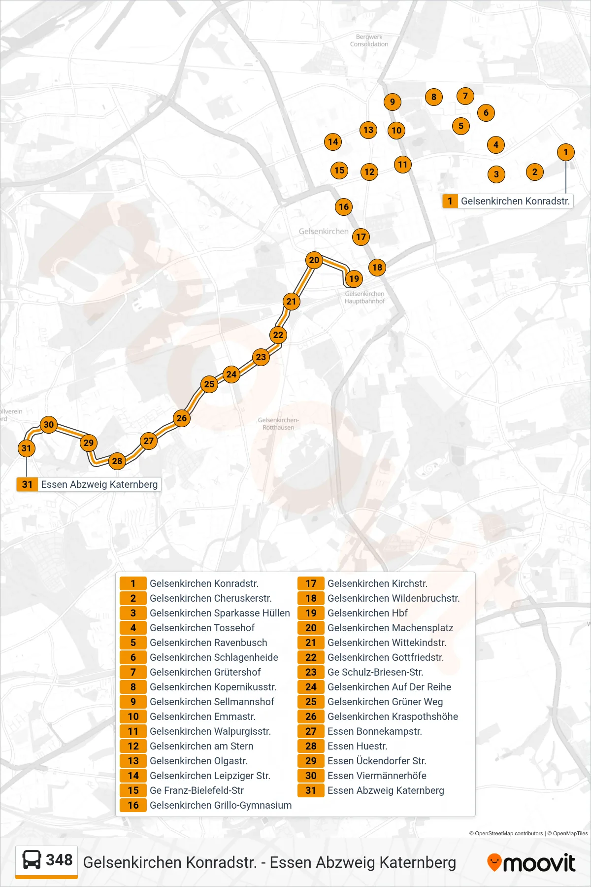 Linie 348 (Bus) Richtung Essen Abzweig Katernberg: Route und Haltestellen auf der Karte