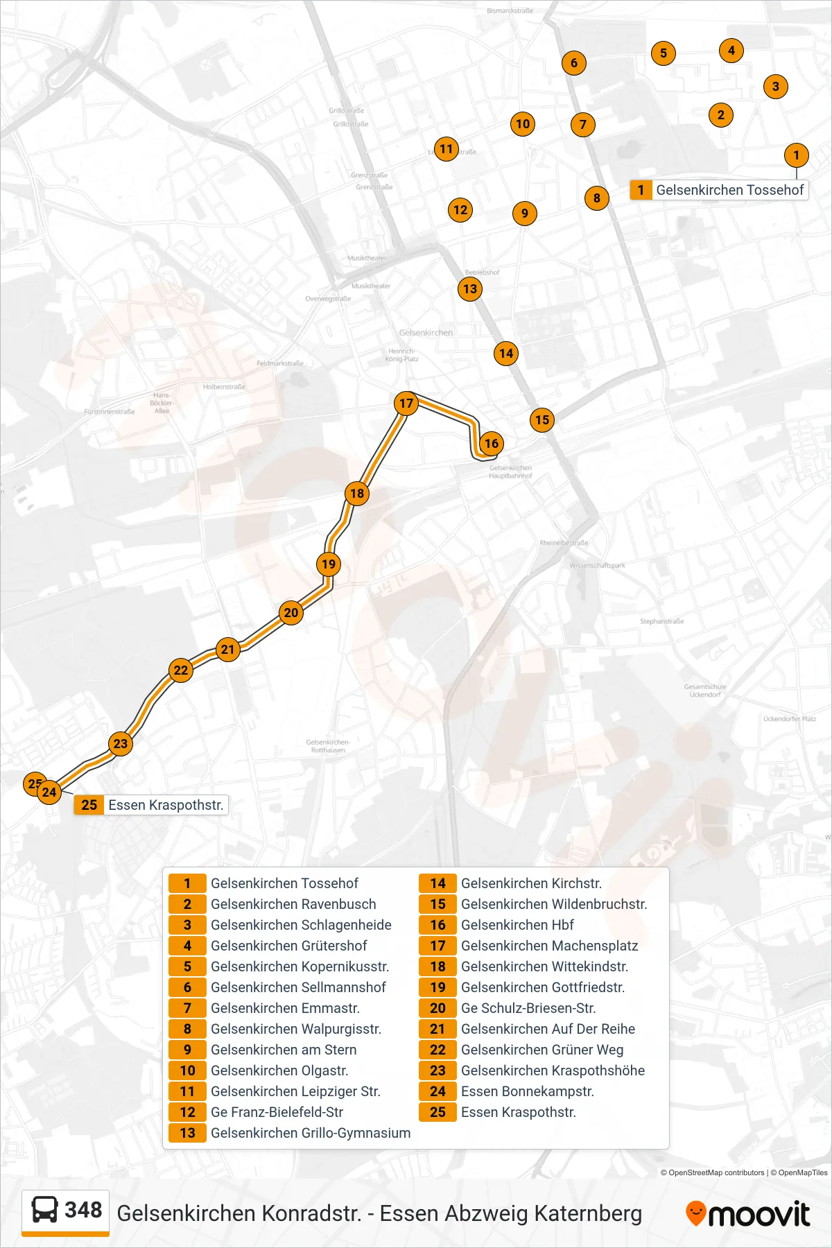 Linie 348 (Bus) Richtung Essen Kraspothstr.: Route und Haltestellen auf der Karte