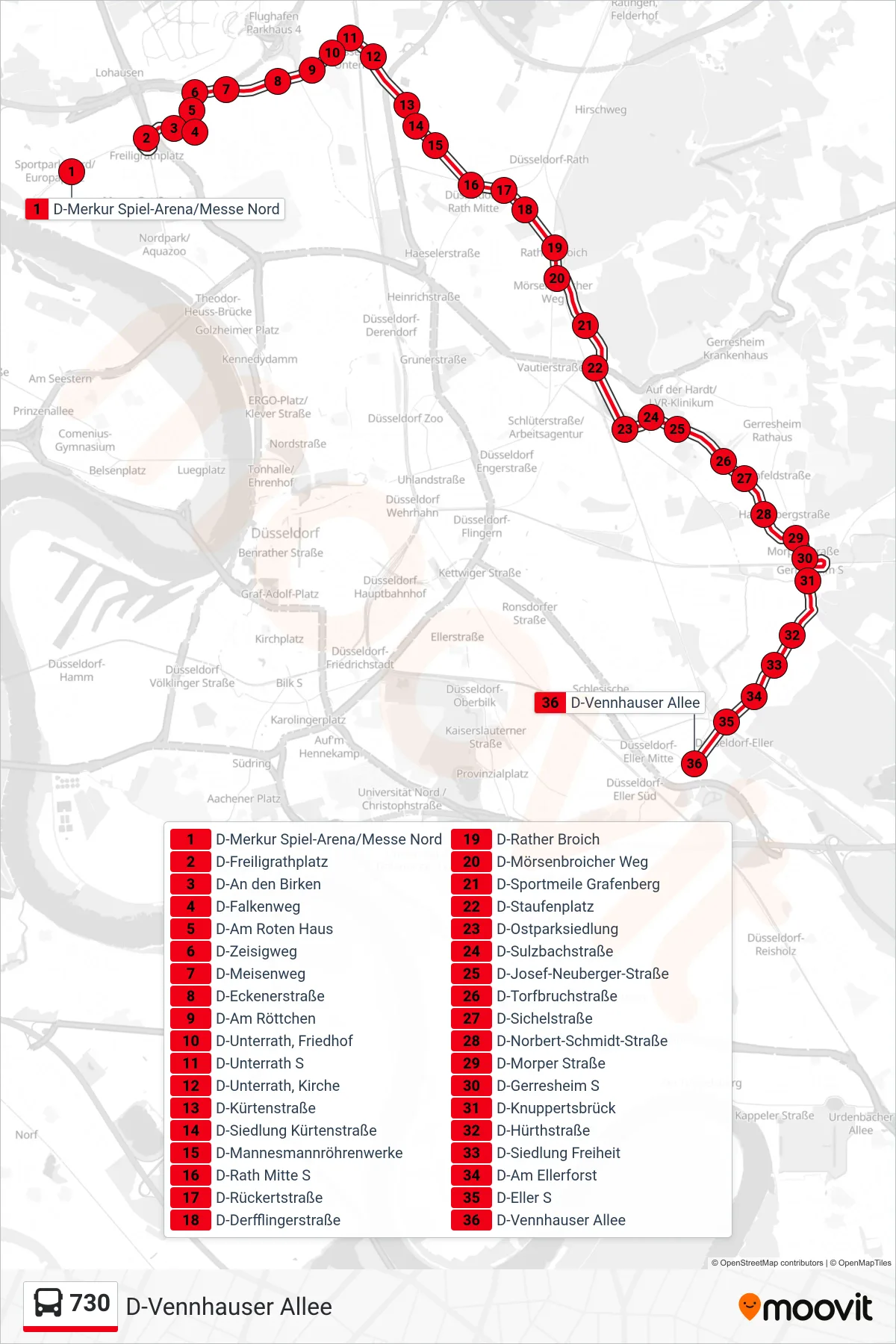 730 bus Line (D-Vennhauser Allee) route and stops on a map