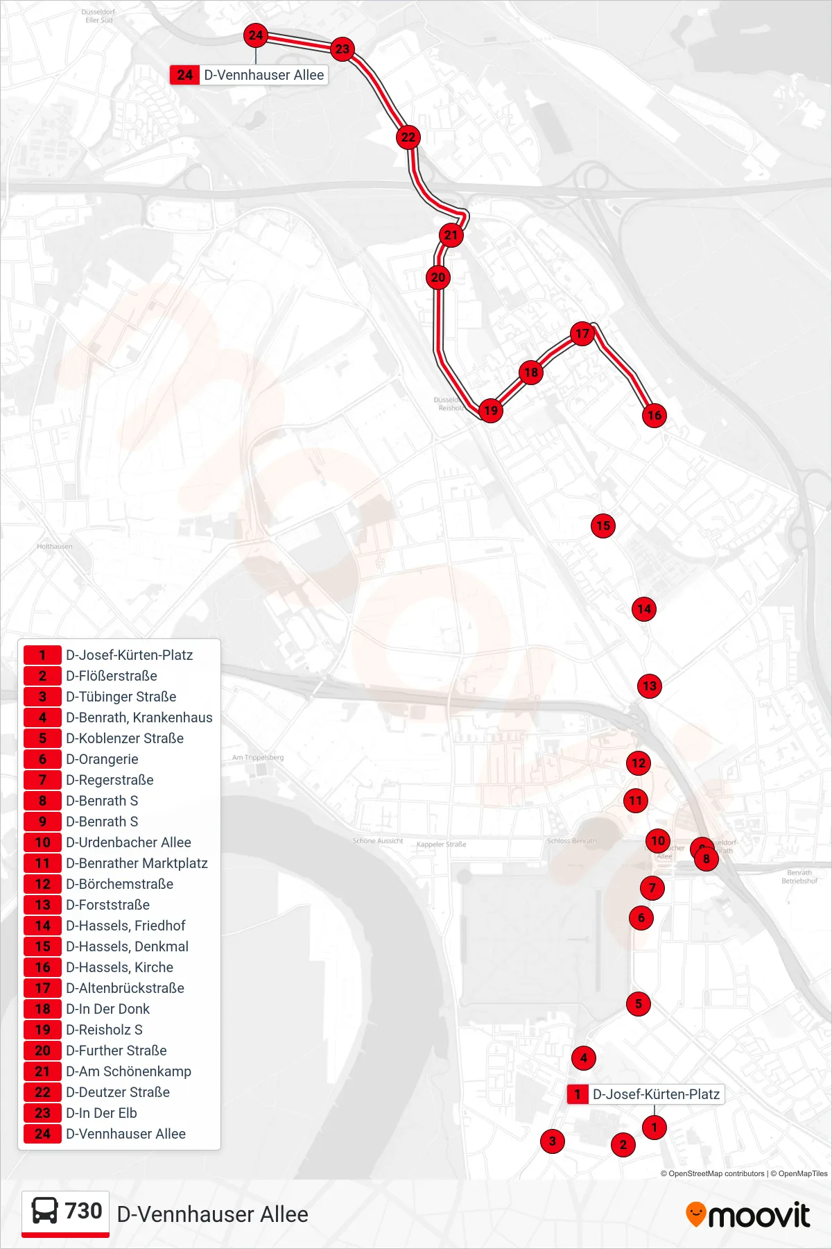 Linie 730 (Bus) Richtung D-Vennhauser Allee: Route und Haltestellen auf der Karte
