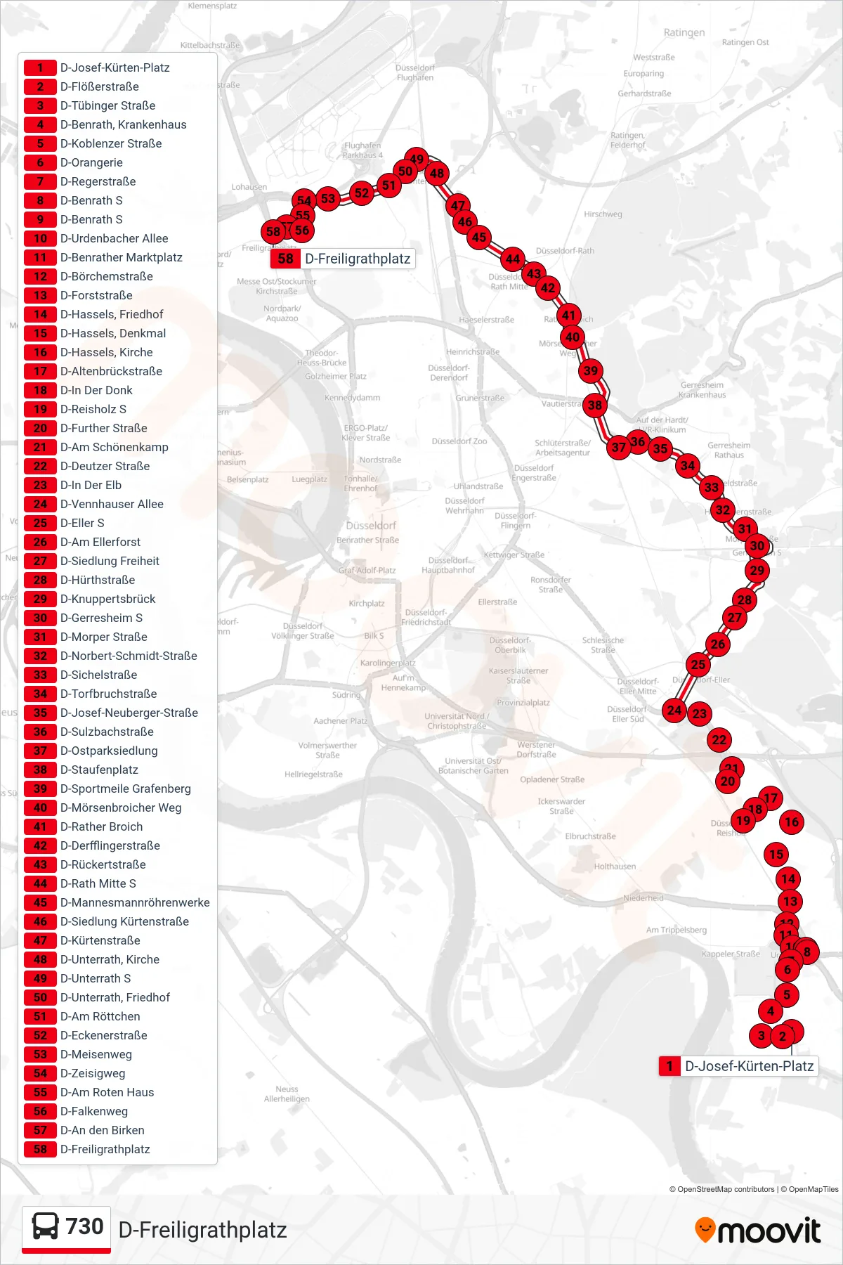 Linie 730 (Bus) Richtung D-Freiligrathplatz: Route und Haltestellen auf der Karte