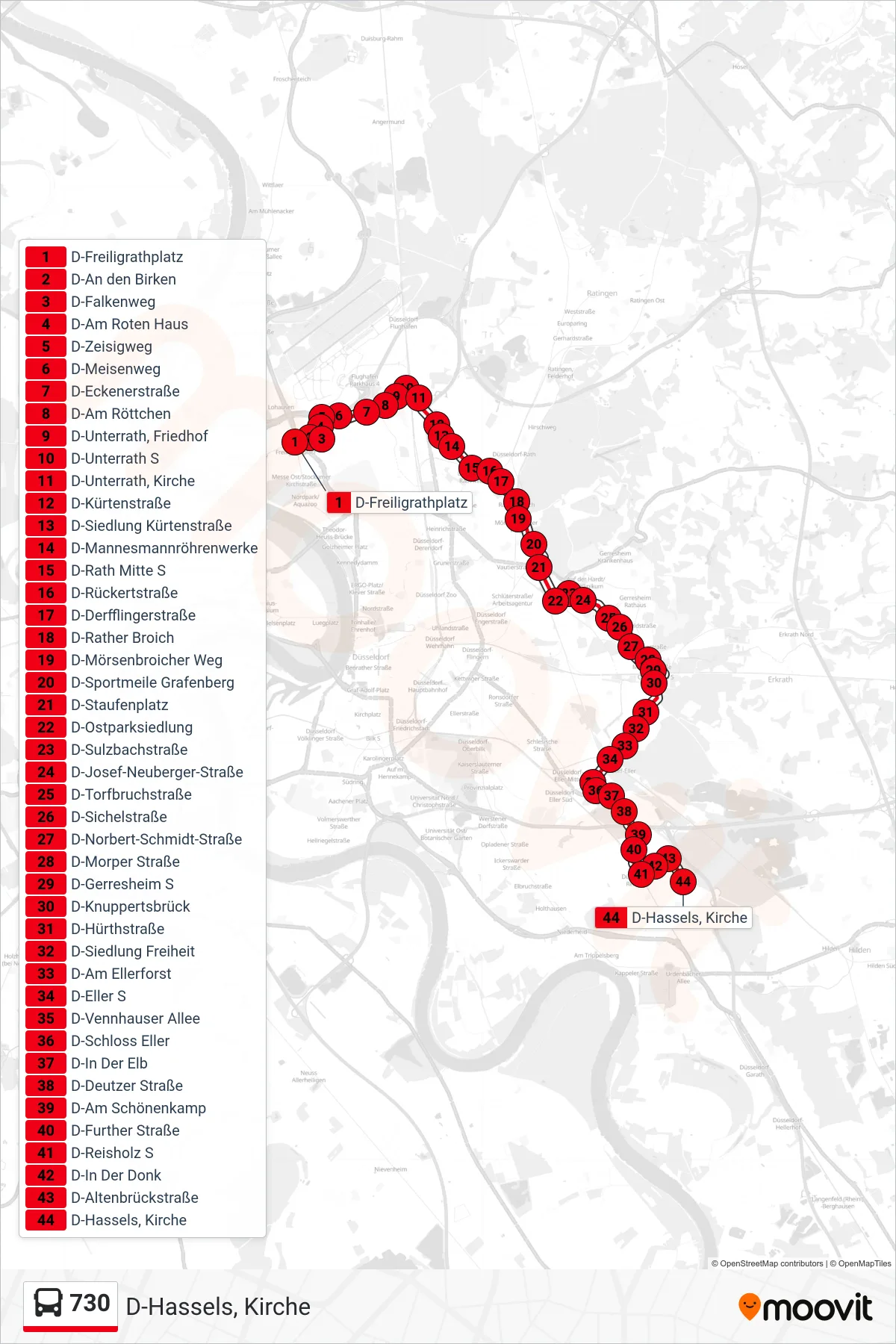 Linie 730 (Bus) Richtung D-Hassels, Kirche: Route und Haltestellen auf der Karte