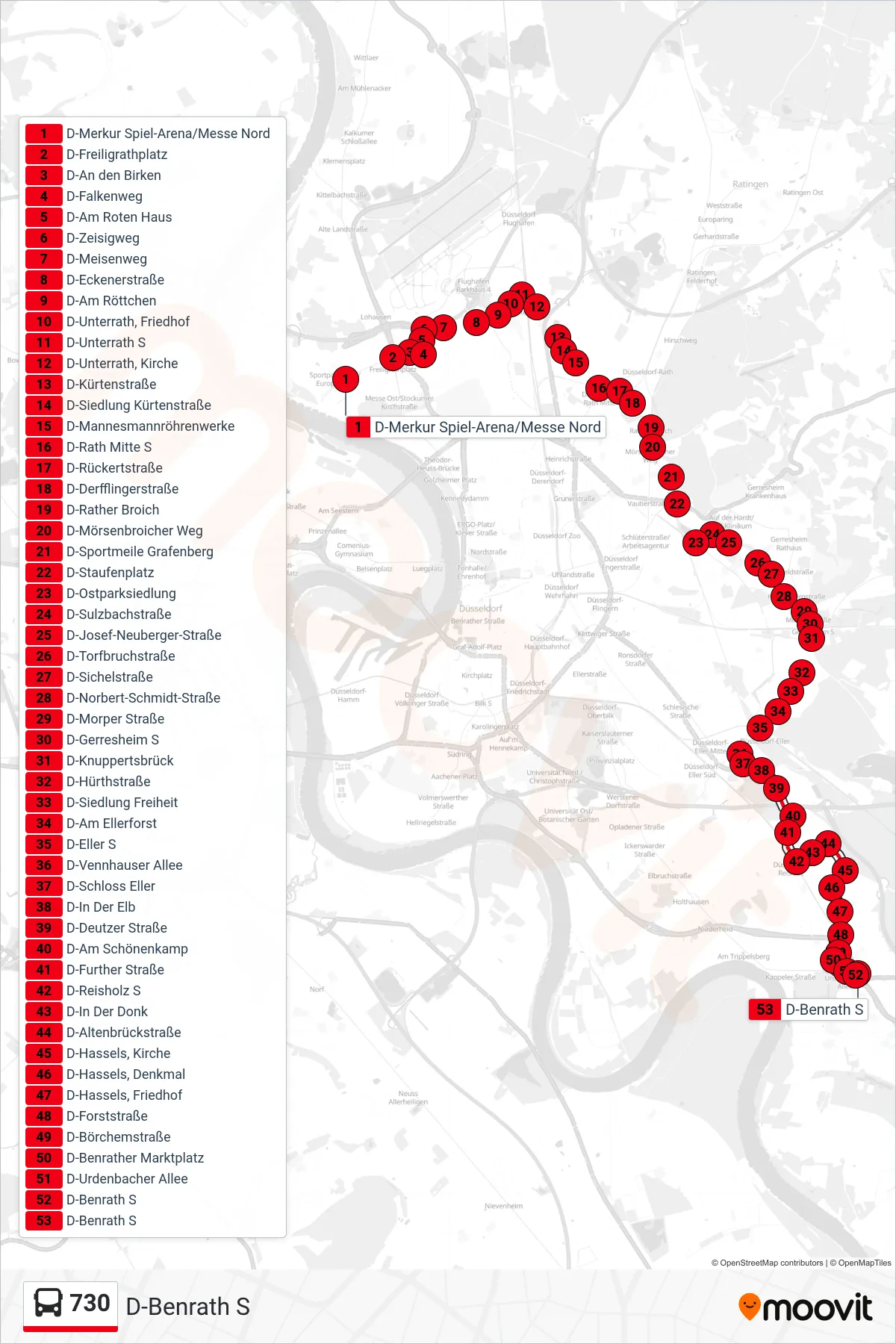 730 bus Line (D-Benrath S) route and stops on a map