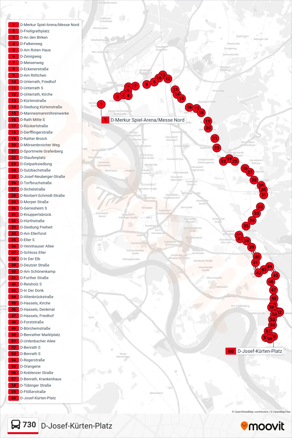730 bus Line (D-Josef-Kürten-Platz) route and stops on a map