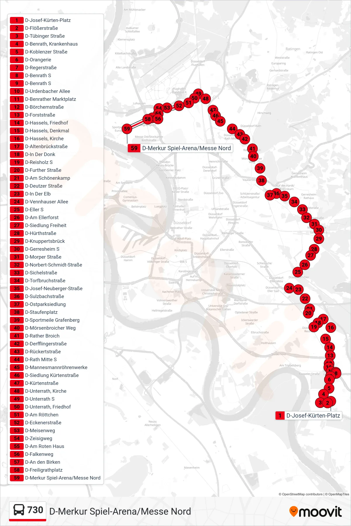 Linie 730 (Bus) Richtung D-Merkur Spiel-Arena/Messe Nord: Route und Haltestellen auf der Karte