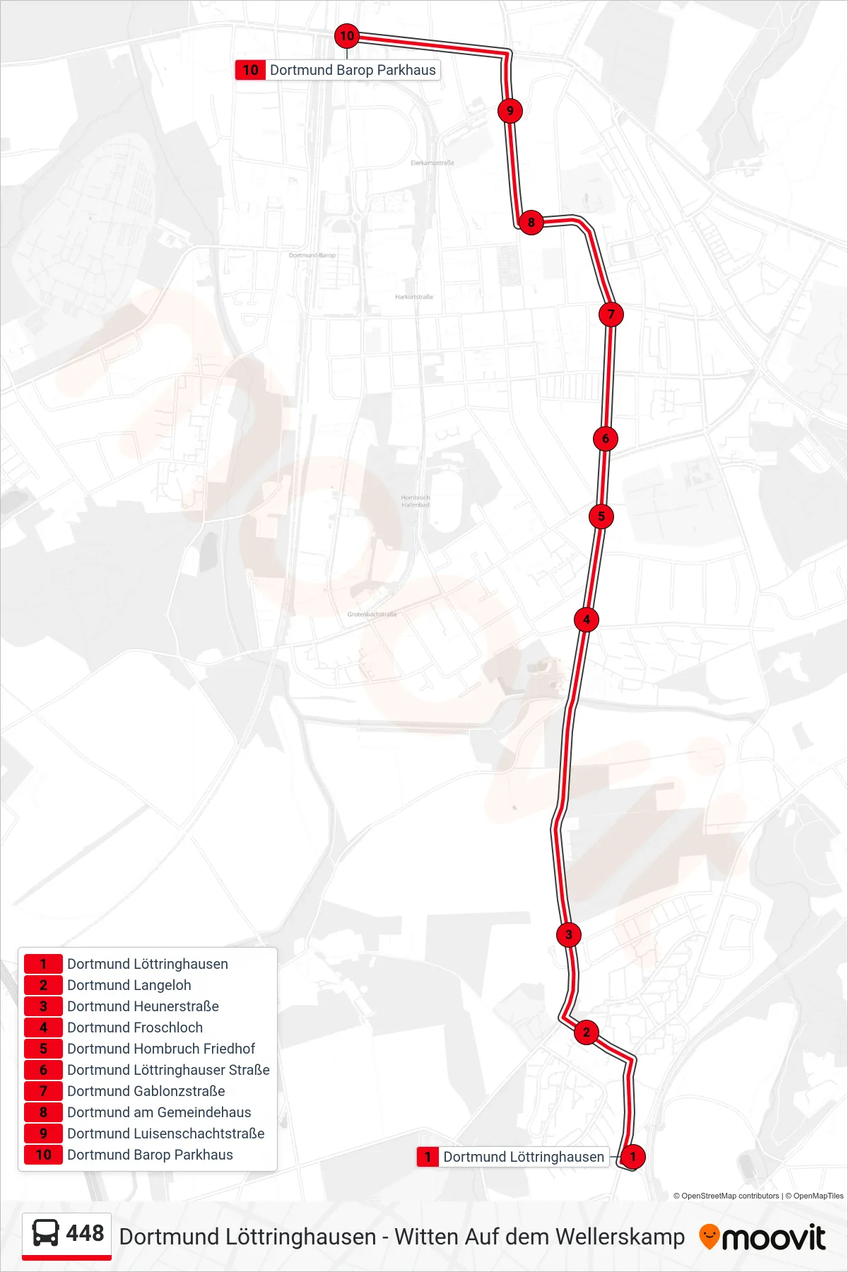 Linie 448 (Bus) Richtung Dortmund Barop Parkhaus: Route und Haltestellen auf der Karte