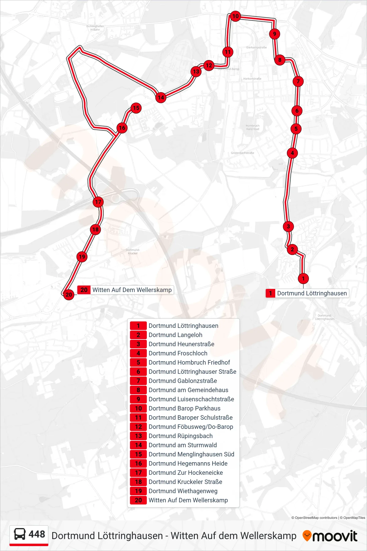 Linie 448 (Bus) Richtung Witten Auf Dem Wellerskamp: Route und Haltestellen auf der Karte
