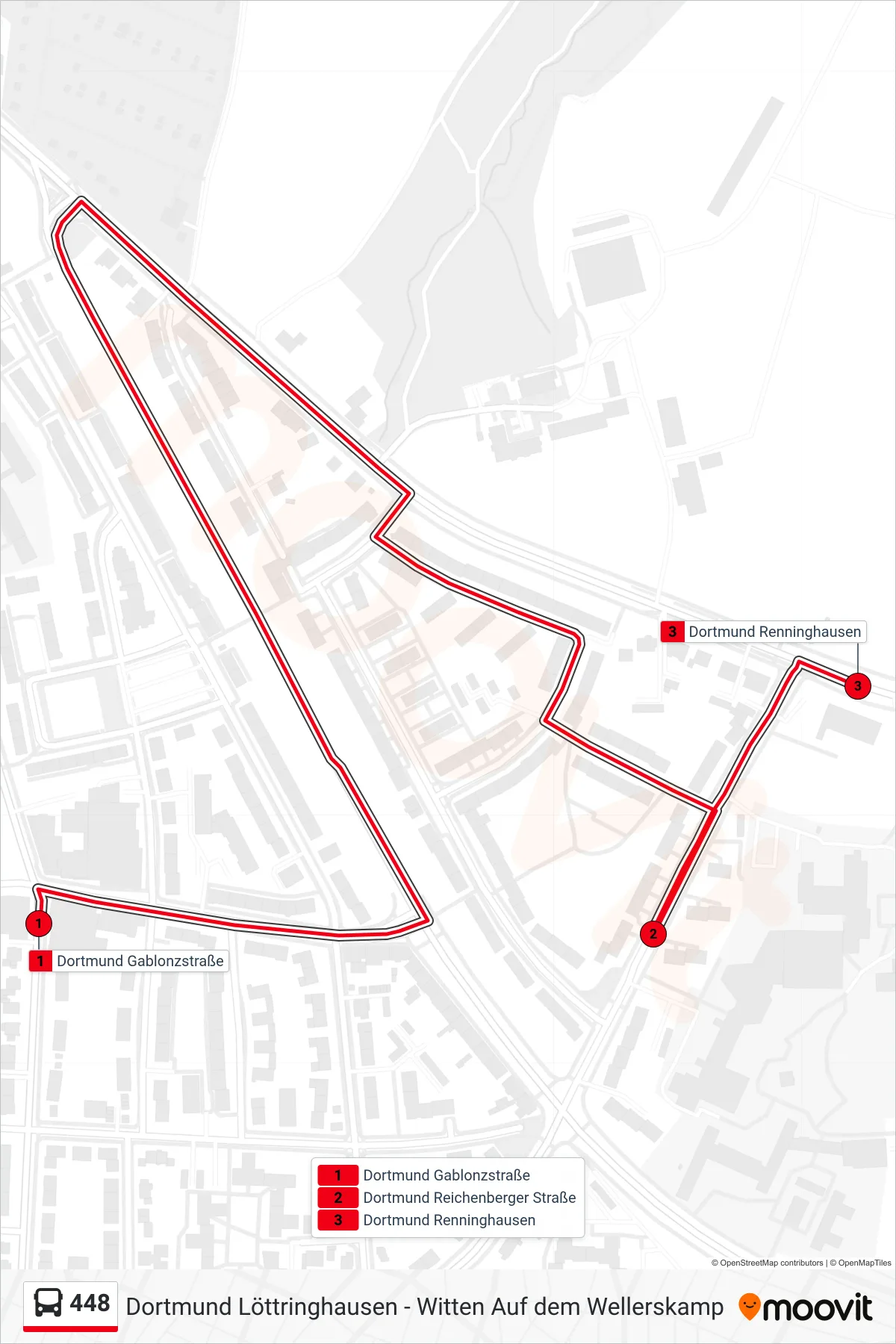 Linie 448 (Bus) Richtung Dortmund Renninghausen: Route und Haltestellen auf der Karte