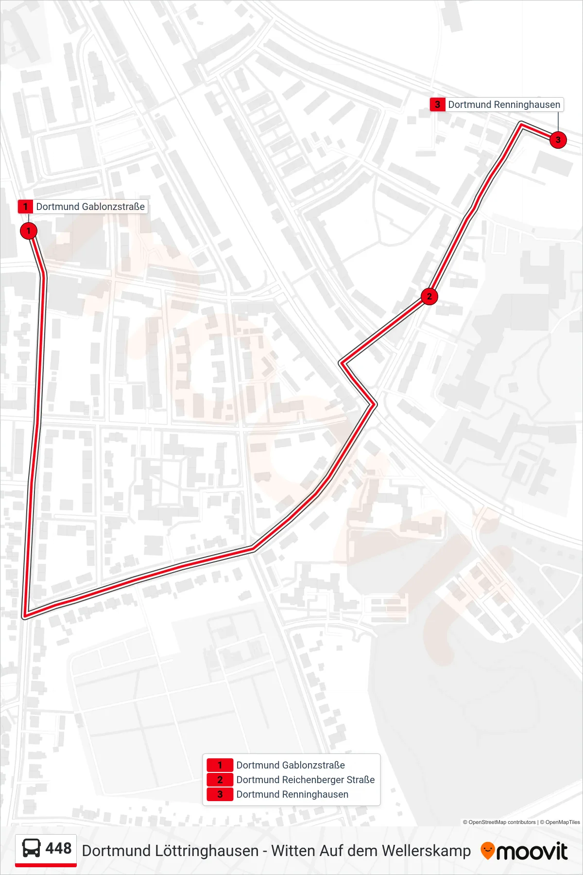 Linie 448 (Bus) Richtung Dortmund Renninghausen: Route und Haltestellen auf der Karte