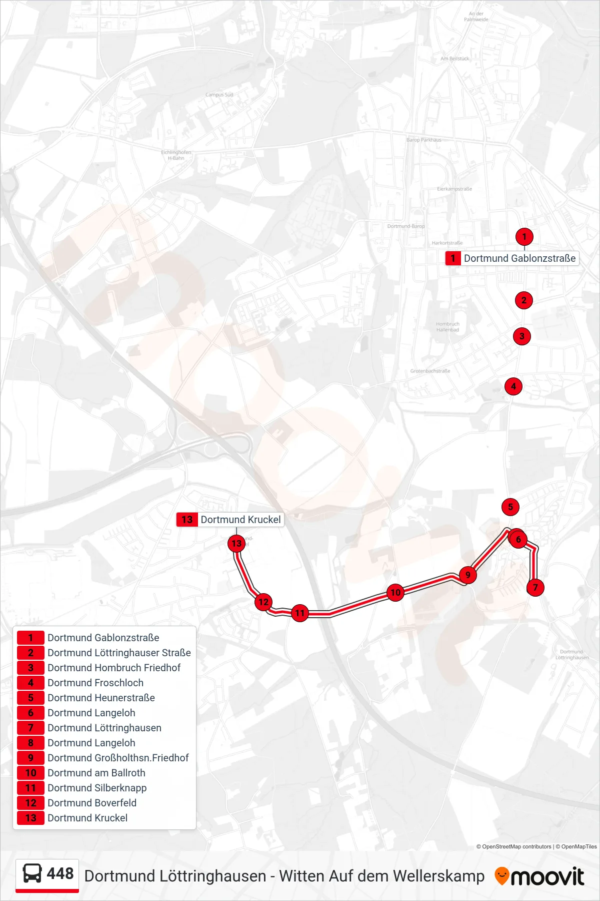 Linie 448 (Bus) Richtung Dortmund Kruckel: Route und Haltestellen auf der Karte