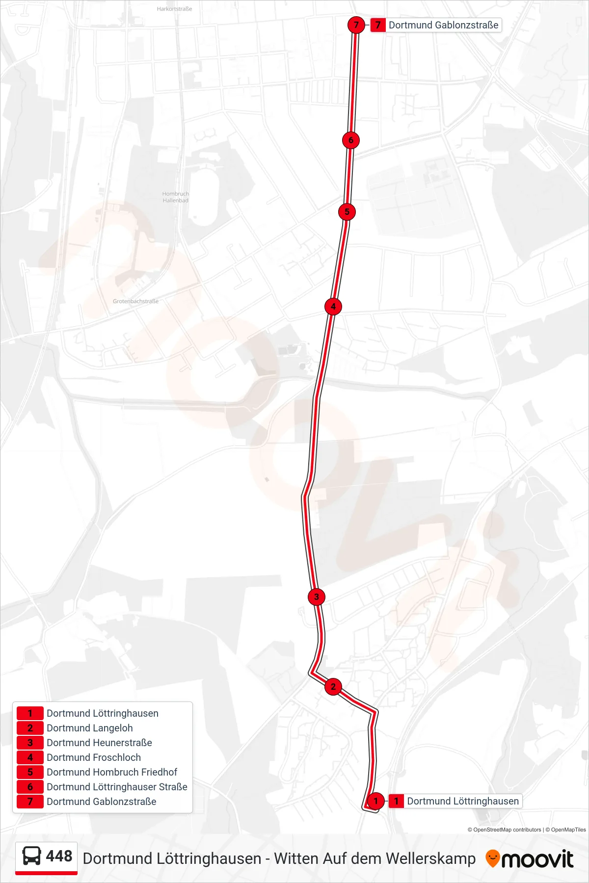 448 bus Line (Dortmund Gablonzstraße) route and stops on a map