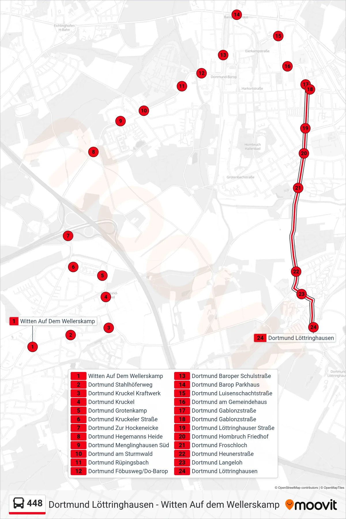 Linie 448 (Bus) Richtung Dortmund Löttringhausen: Route und Haltestellen auf der Karte