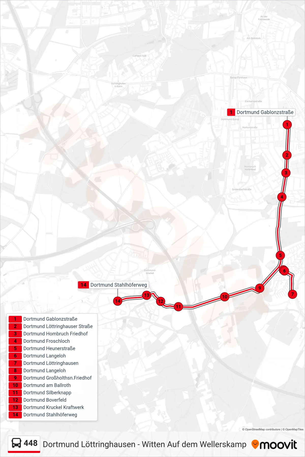 448 bus Line (Dortmund Stahlhöferweg) route and stops on a map