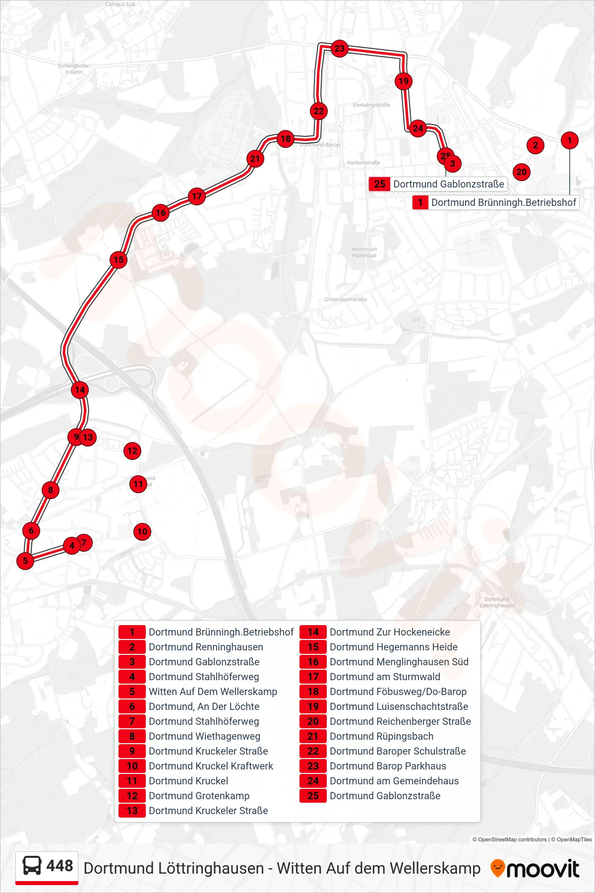 Linie 448 (Bus) Richtung Dortmund Gablonzstraße: Route und Haltestellen auf der Karte