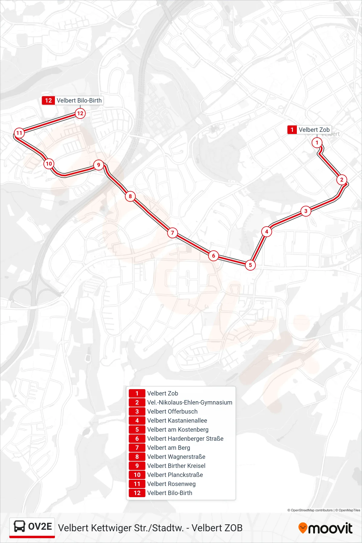 Linie OV2E (Bus) Richtung Velbert Bilo-Birth: Route und Haltestellen auf der Karte