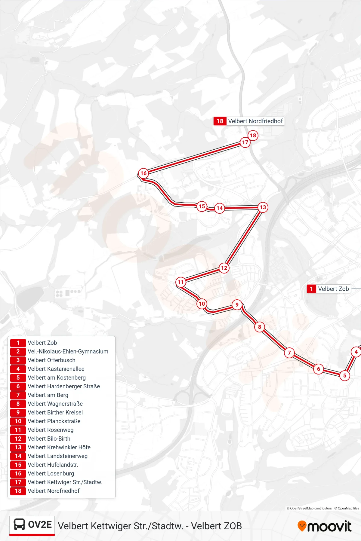 Linie OV2E (Bus) Richtung Velbert Nordfriedhof: Route und Haltestellen auf der Karte