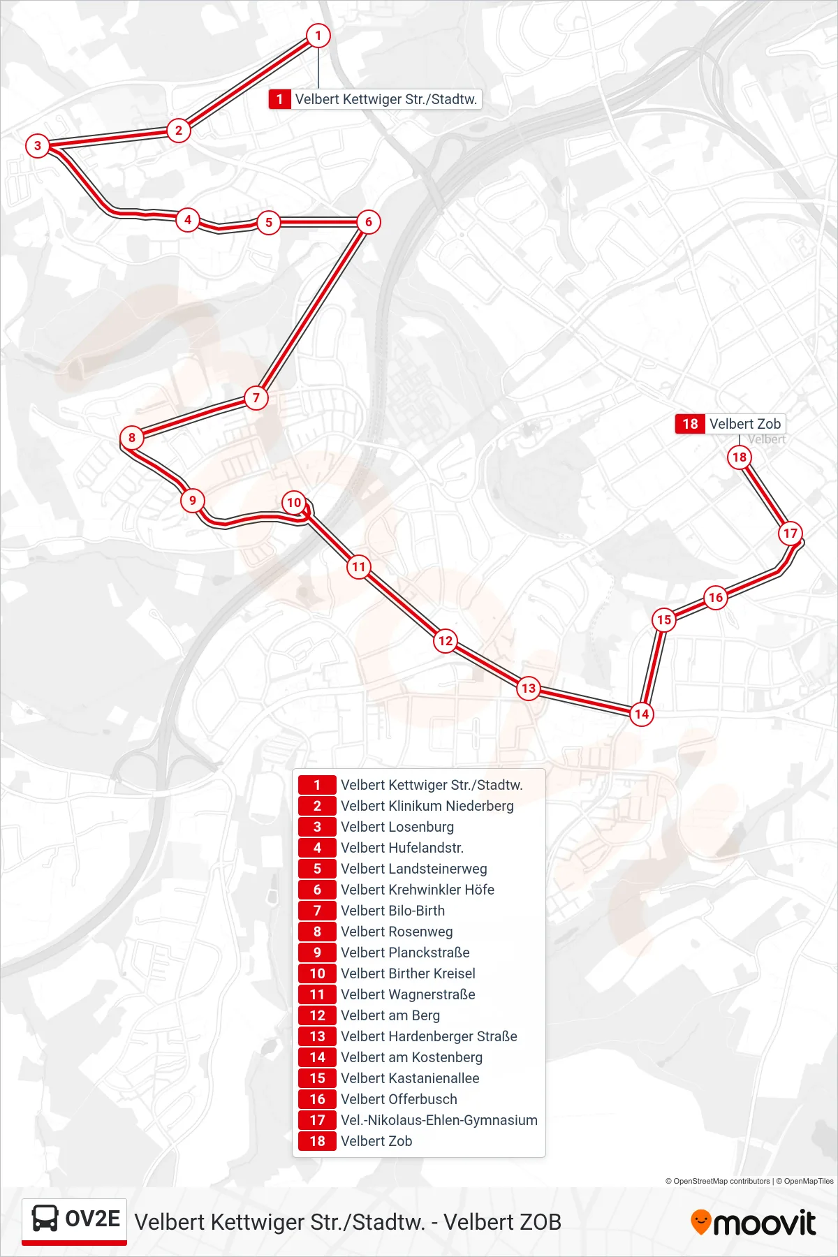Linie OV2E (Bus) Richtung Velbert Zob: Route und Haltestellen auf der Karte