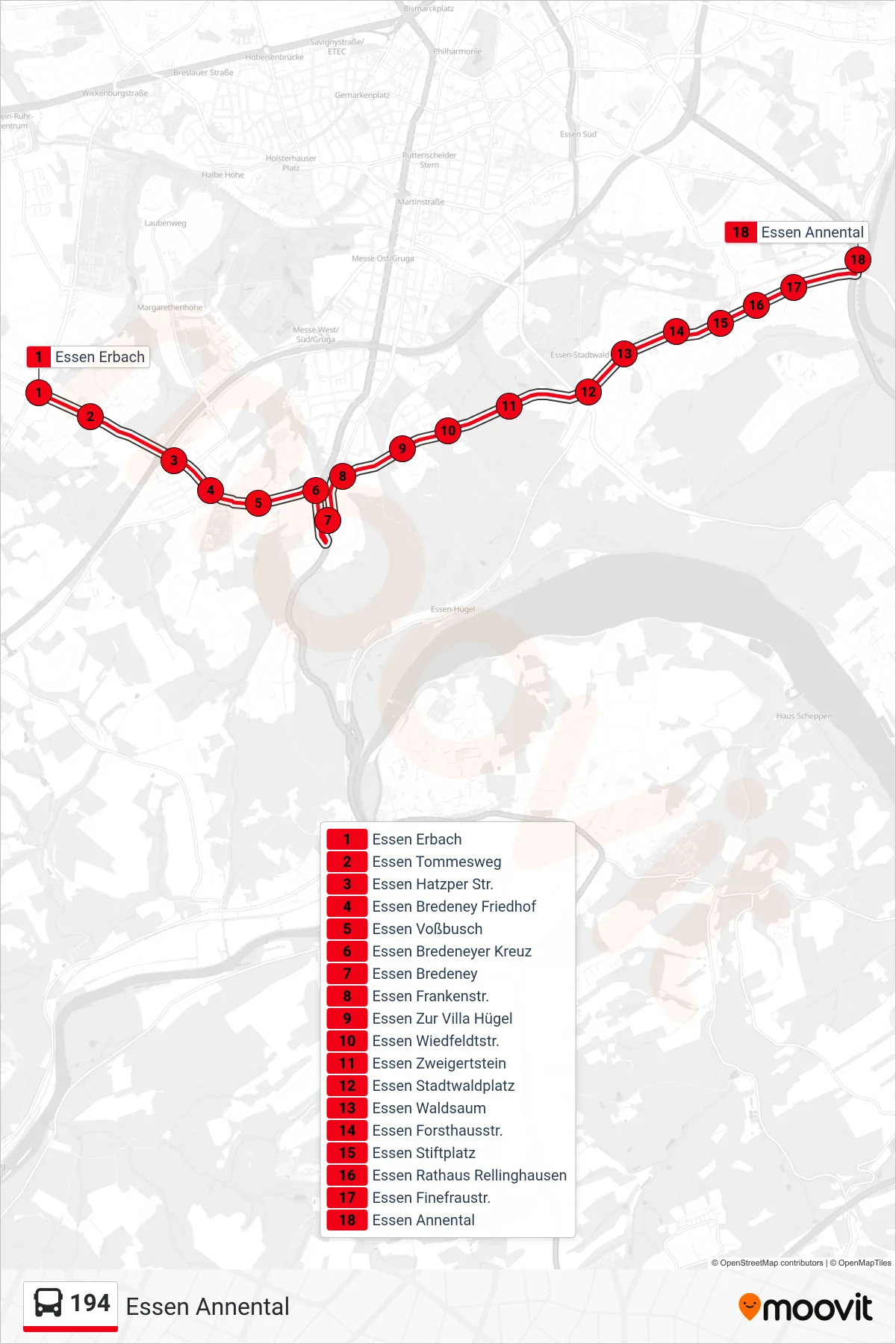 Linie 194 (Bus) Richtung Essen Annental: Route und Haltestellen auf der Karte