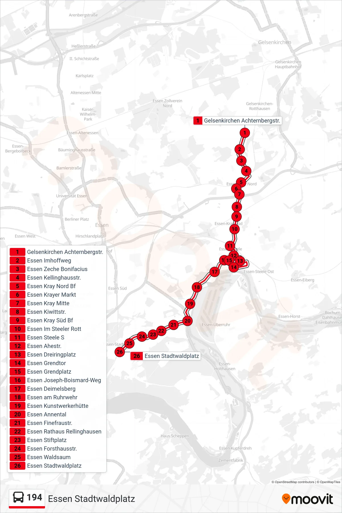 Linie 194 (Bus) Richtung Essen Stadtwaldplatz: Route und Haltestellen auf der Karte