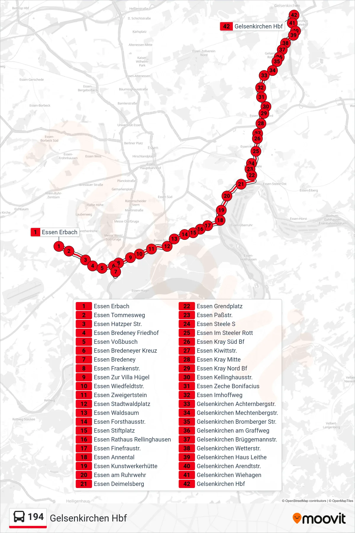 Linie 194 (Bus) Richtung Gelsenkirchen Hbf: Route und Haltestellen auf der Karte