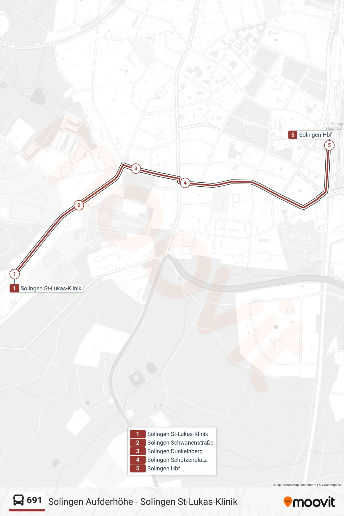 Linie 691 (Bus) Richtung Solingen Hbf: Route und Haltestellen auf der Karte