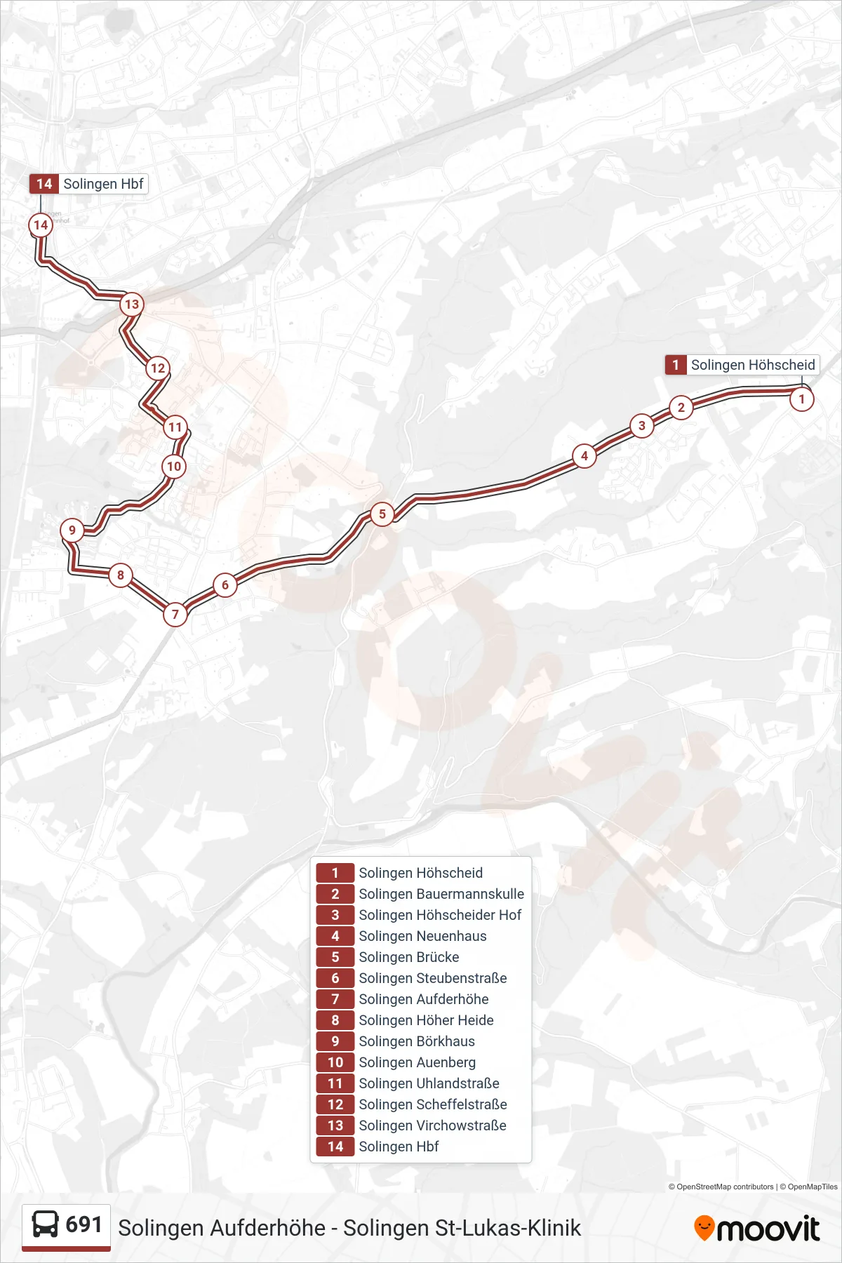 Linie 691 (Bus) Richtung Solingen Hbf: Route und Haltestellen auf der Karte