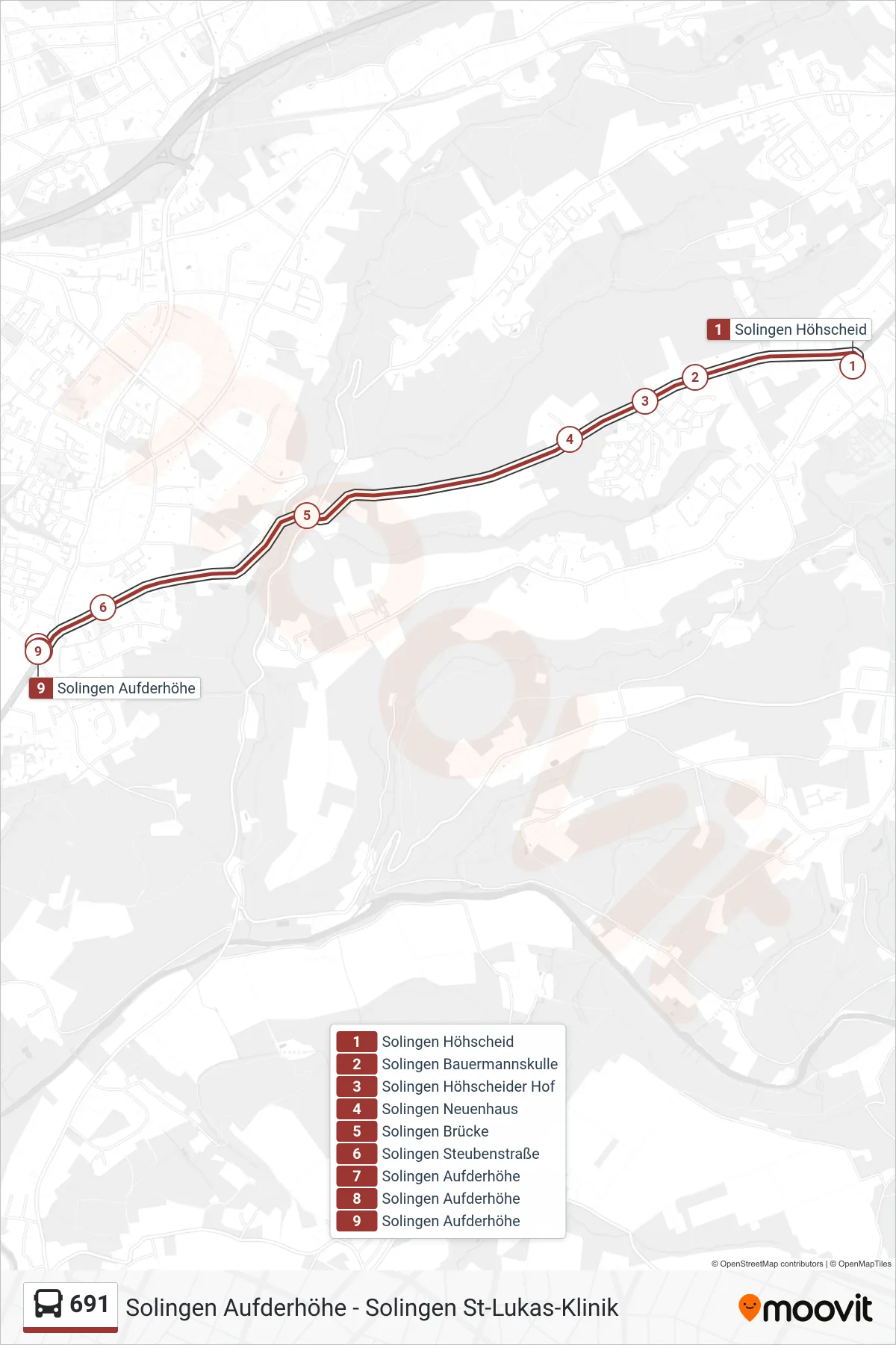 691 bus Line (Solingen Aufderhöhe) route and stops on a map