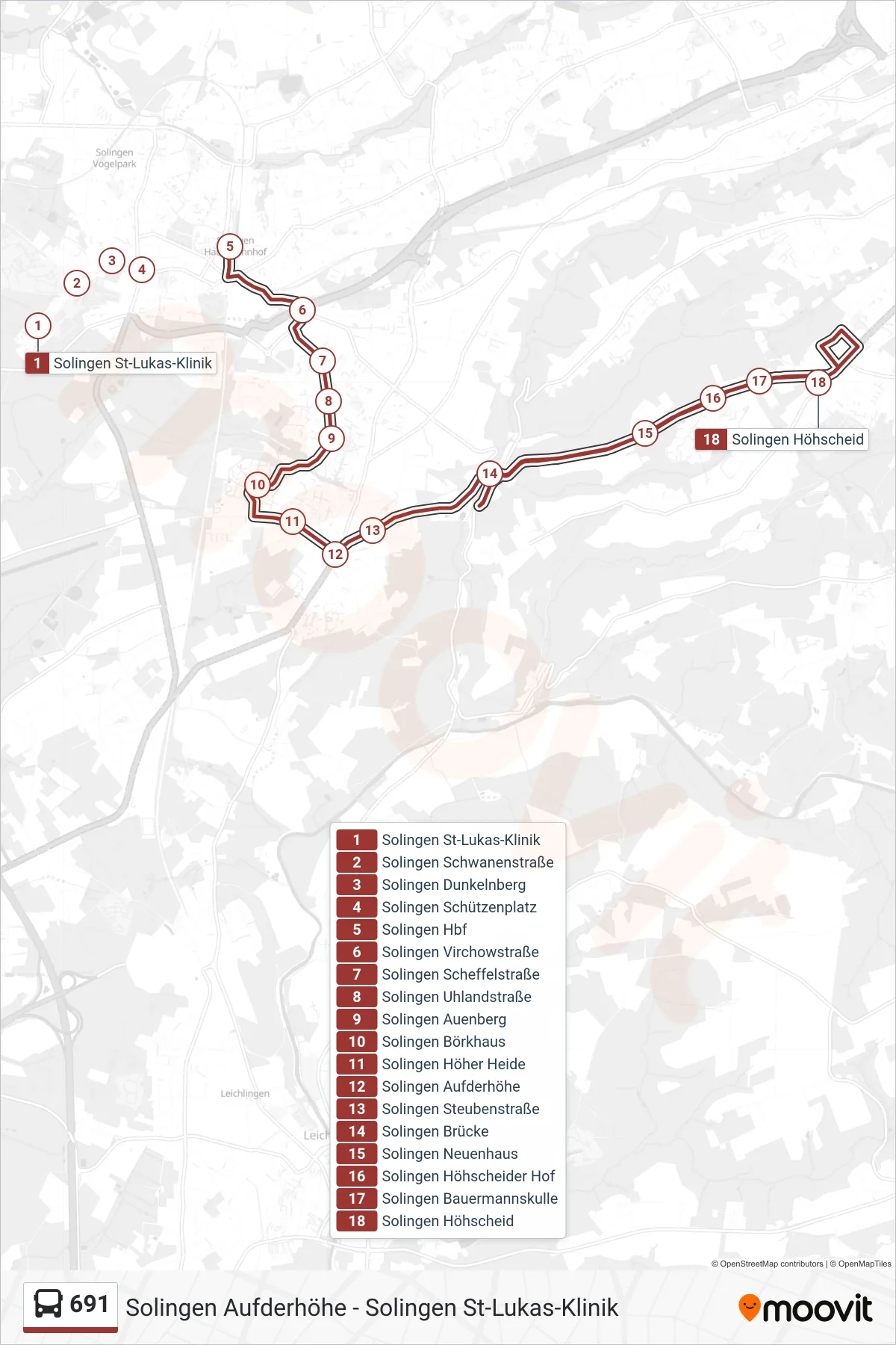 Linie 691 (Bus) Richtung Solingen Höhscheid: Route und Haltestellen auf der Karte