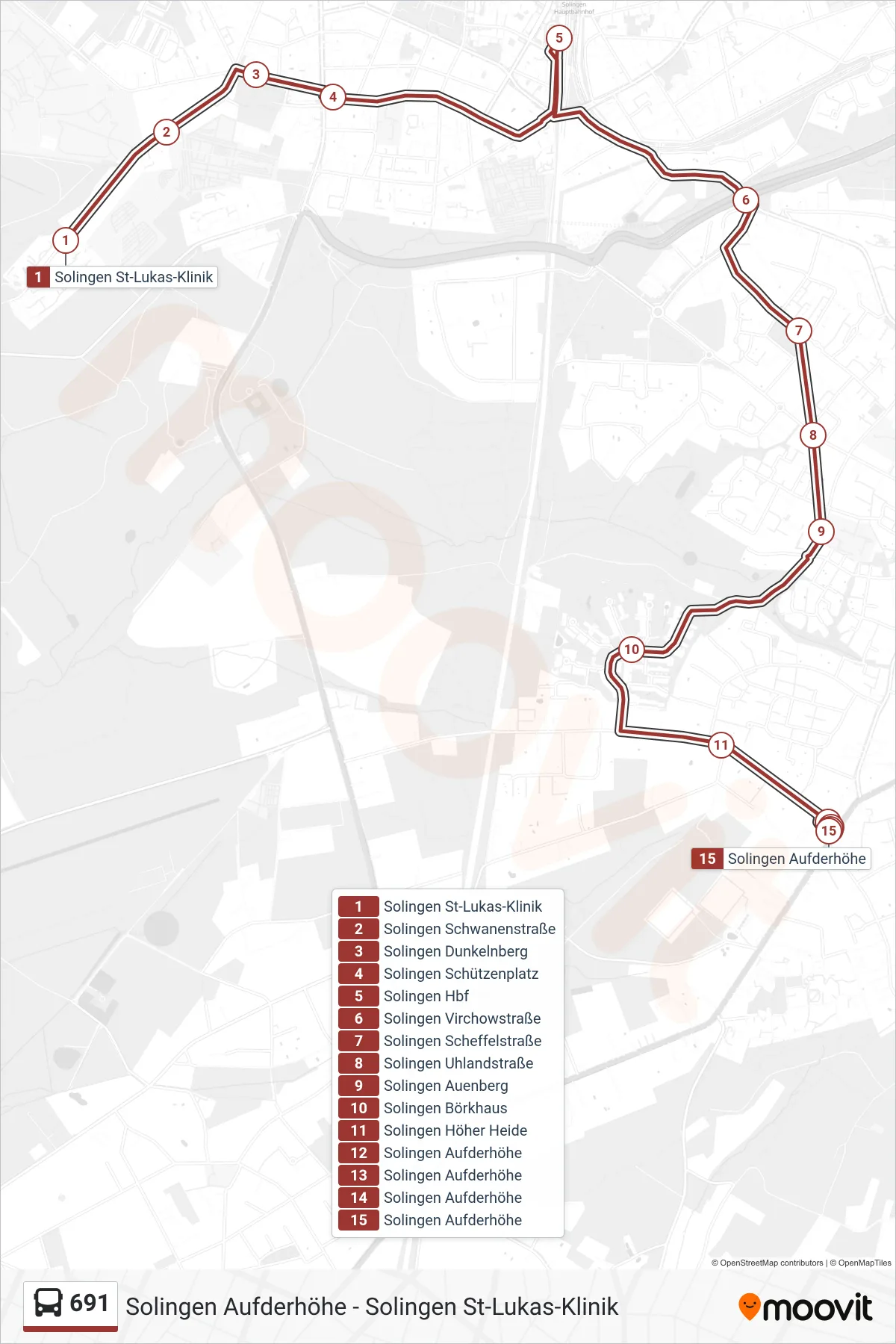691 bus Line (Solingen Aufderhöhe) route and stops on a map